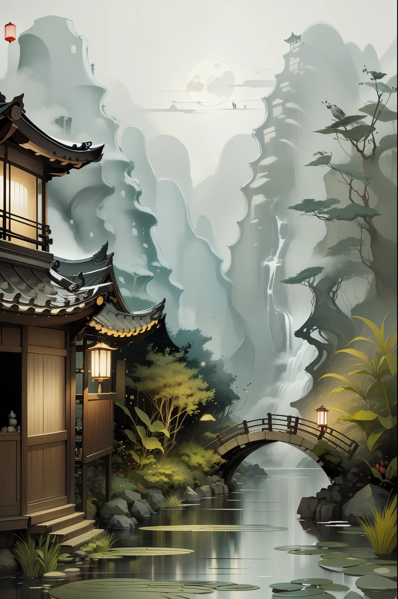 masterpiece,best quality,Chinese martial arts style,an asian night scene with lanterns and water lilies,asian pond with many lanterns and boatsa night scene with many lights and boats in the water, Lake surface, lotus flowers,beautiful night scene,(((Chinese martial arts style))), with vast sky, continuous mountains and steep cliffs, ink wash style, outline light, atmospheric atmosphere, depth of field, mist rising, bamboo, pine trees, octagonal stone pavilion, waterfall flowing water,big full moon,(No color) , Monochrome, light color,
