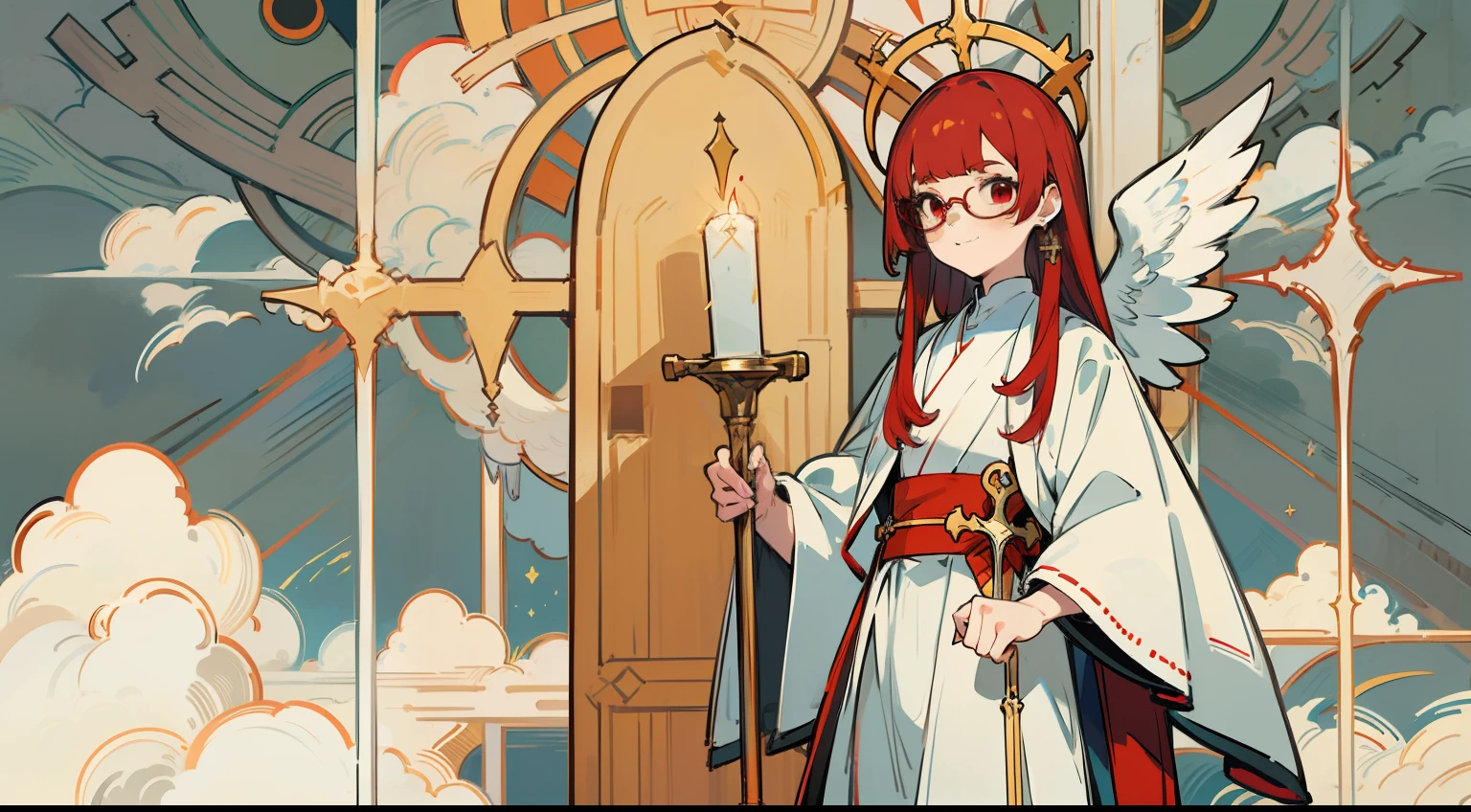 masterpiece,best quality,high quality,exquisite,beautiful,red hair,glasses,hime cut,red eye,girl,cute,blunt bangs,20 years old,Chasuble robe,cross earrings,full body shot,petite,straight hai,Half-smile,slender,
country above the clouds,angel halo,cane