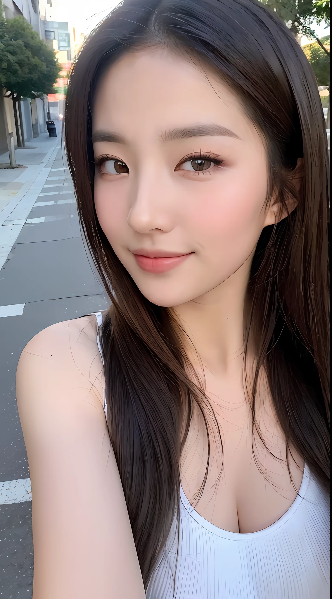 ((Best quality, 8k, Masterpiece :1.3)), Sharp focus: 1.2, Perfect Body Beauty: 1.4, Slim Abs, big breast: 1.2, ((Layered hairstyle: 1.2)), (tight Tank top shirt:1.1), (Street: 1.2), Highly detailed face and skin texture, Fine eyes, Double eyelids, close up, smile