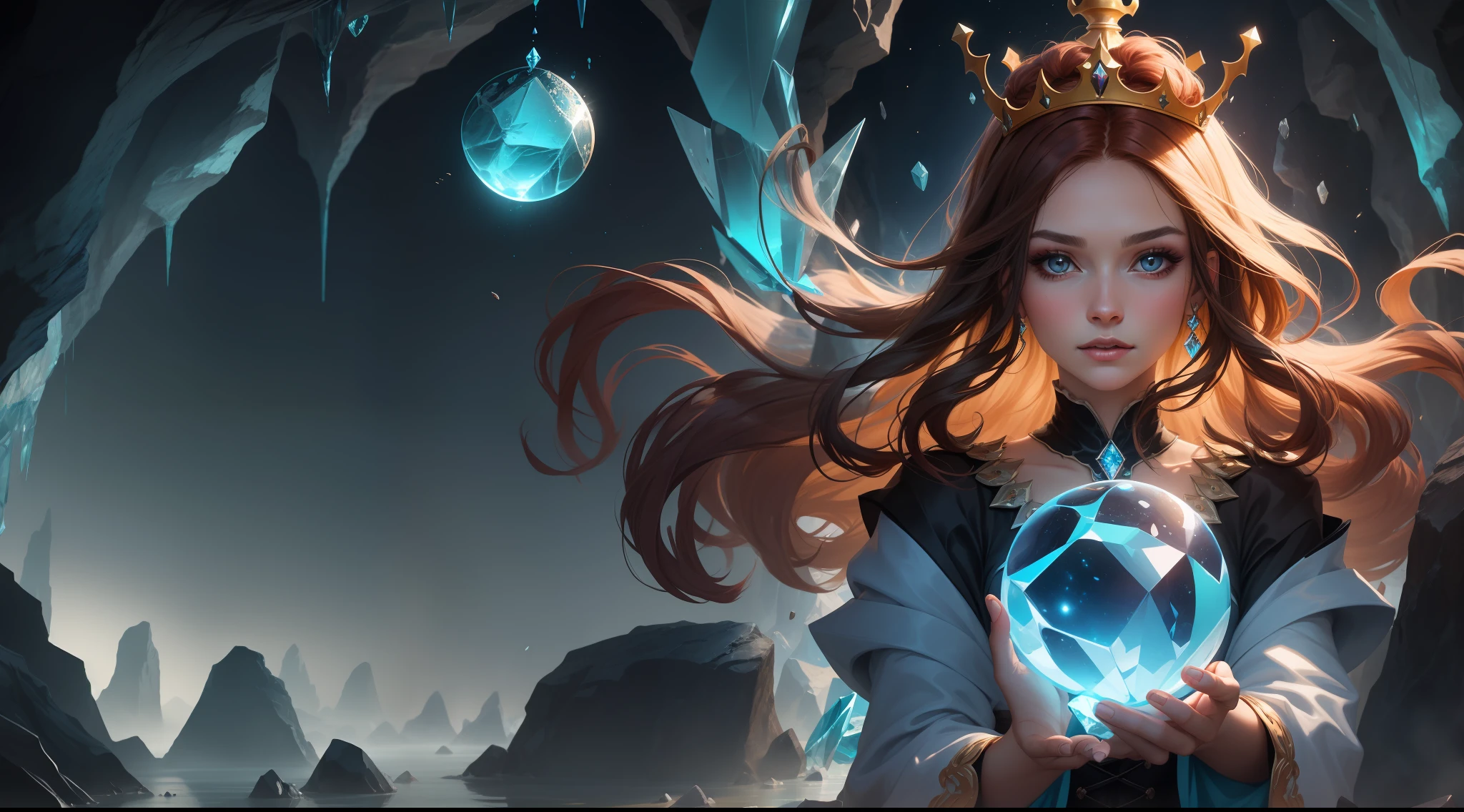 (Preposterous,high resolucion,Ultra-detailded),Paint spills,fresh flowers,Flower art,1woman,mature female,Older age,wavy and long hair,auburn hair,Coral-colored eyes,bangss,long sleeves,Delicate eyes and delicate face,Extremely detailed CG unity 8k wallpaper,Complicated details,( style-swirlmagic:1.0), see the viewer, solo, Upper body, 细致背景, Close up, Detailed face, (gothic dark ages theme:1.1), crystal sorcerer, Dynamic pose, earth themed clothes, crystal crown, Float in the air,glowing magical shards,Surrounded by blue magic crystals,rock formations,stalactites,Magic floating particles,crystal glass,crystal sphere,Crystal canyon background,(shallow water:0.7),Epic ethereal atmosphere,Updraft,sportrait