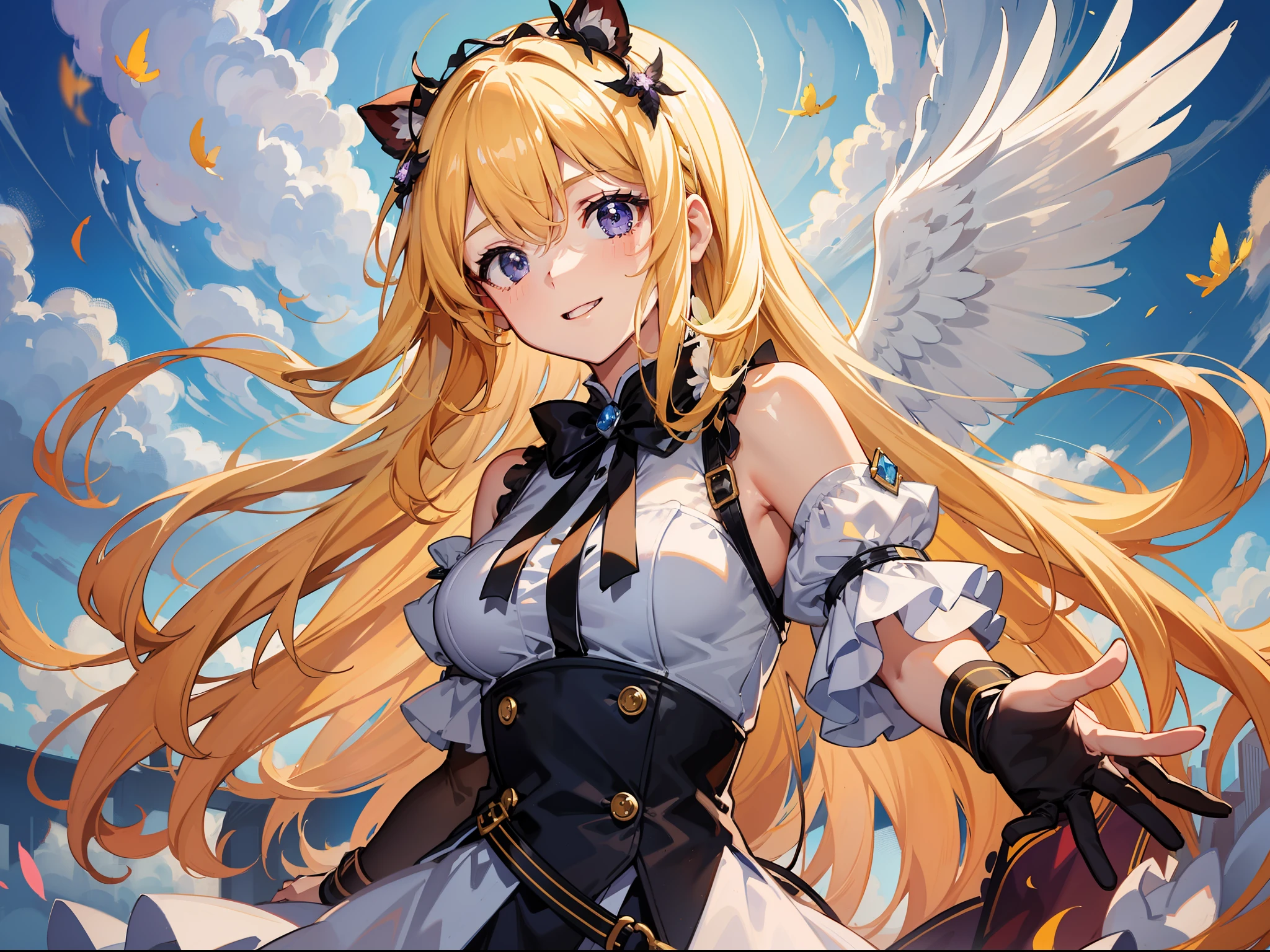 Best Shadow、Best Picture Quality、Ultra-high image quality for the best light,Beautiful and quirky angel loli,Long yellow hair scattered,Yellow hair is blown up by the wind,Purple large round eyes,adorable smile,Dressed in angel feather costumes and halos,Spread your angel wings and soar above the sky,Between the clouds,An atmospheric 8K masterpiece,Dynamic poses make the picture vivid and dynamic,Beautiful eyes and cinematic lighting help it transcend its own beauty。