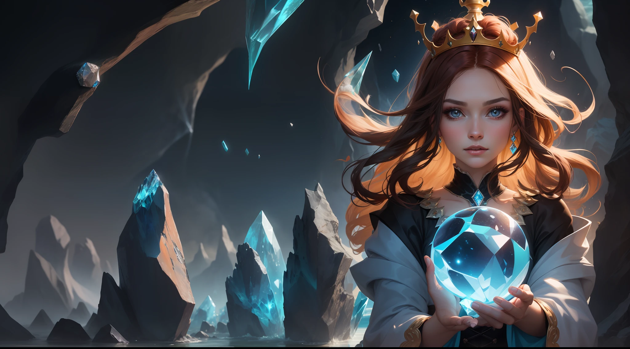 (Preposterous,high resolucion,Ultra-detailded),Paint spills,fresh flowers,Flower art,1woman,mature female,Older age,wavy and long hair,auburn hair,Coral-colored eyes,bangss,long sleeves,Delicate eyes and delicate face,Extremely detailed CG unity 8k wallpaper,Complicated details,( style-swirlmagic:1.0), see the viewer, solo, Upper body, 细致背景, Close up, Detailed face, (gothic dark ages theme:1.1), crystal sorcerer, Dynamic pose, earth themed clothes, crystal crown, Float in the air,glowing magical shards,Surrounded by blue magic crystals,rock formations,stalactites,Magic floating particles,crystal glass,crystal sphere,Crystal canyon background,(shallow water:0.7),Epic ethereal atmosphere,Updraft,sportrait
