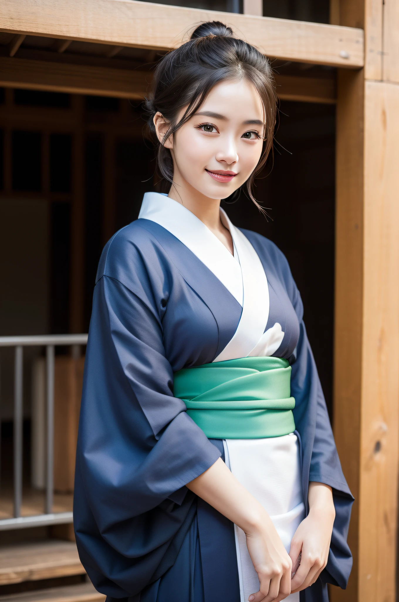 ((beste-Quality、8K、A masterpice:1.3))、sharp-focus:1.2、(ultra beautiful face:1.0)、(Slender Abs Beauty:1.0)、(shinny skin:1.0)、lifelike picture、black hair、Video Lighting、High-definition eyes and face、Video Lighting、(cow-boy shot:1.3)、(Kimono、Hakama、obi:1.4)、(Korean Cute Actress)、Traditional kimono、from frontal、HugeBoobs、A slight smile