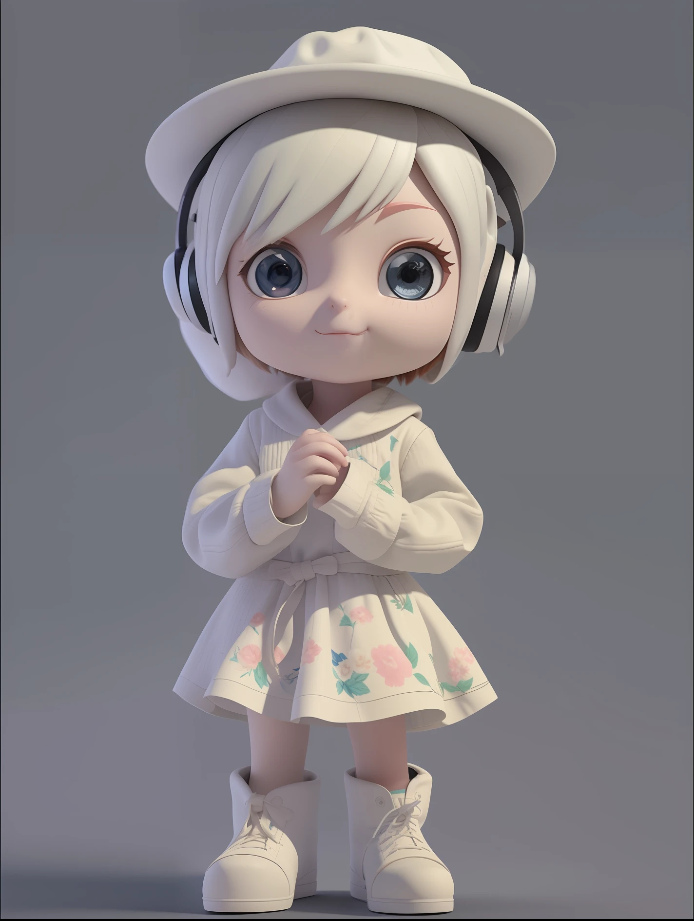 a Super cute girl ,Wearing a floral dress,Wearing boots,Wearing a hat and earphones，big watery eyes,full body,looking at viewer,open hands，MD clothing, clothing wrinkles，clean background,dreamy,excited,super cute girl IP by pop mart ,high detail ,hyper quality,Bright color,mockup blind box toy,disney style ,fine luster,3D render,oc render,best quality ,bright,front lighting,Face Shot,fine luster,ultra detoiled ，8k