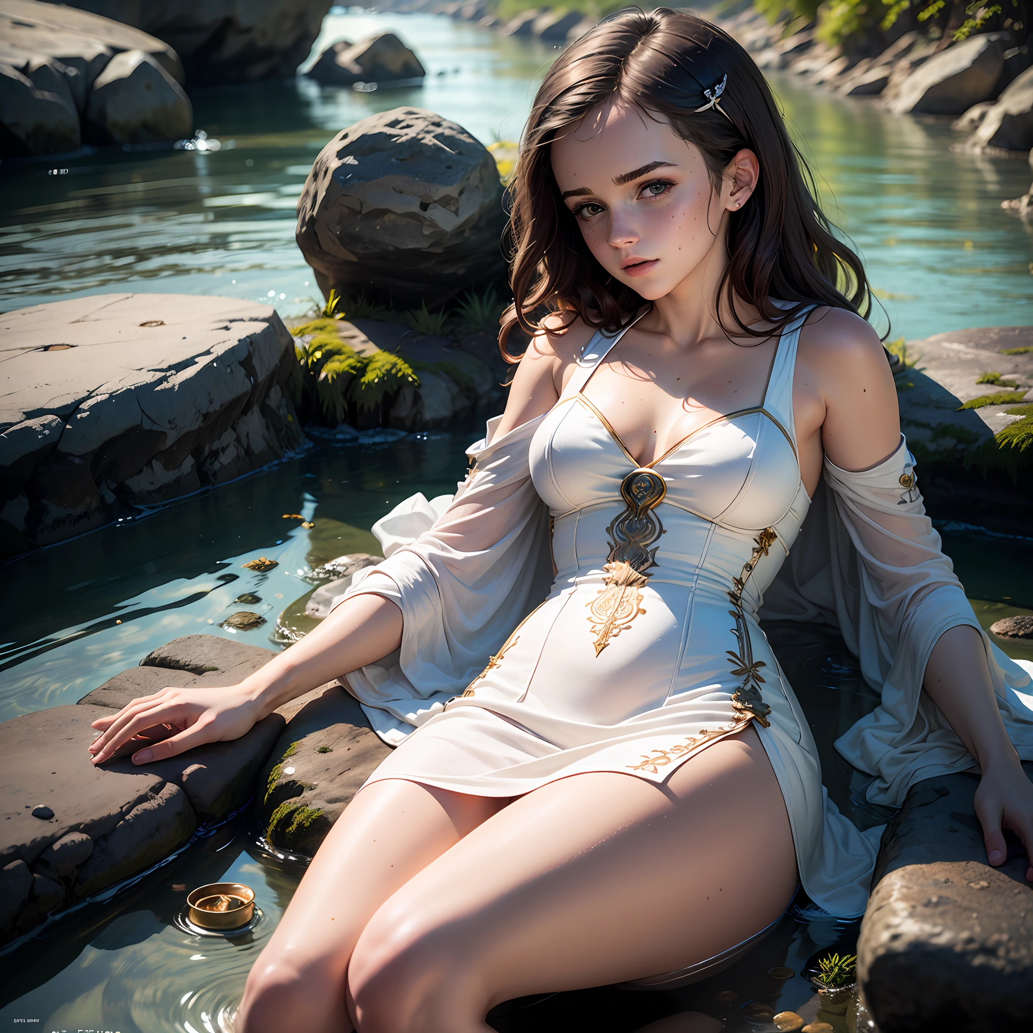 teen emma watson as a white priestess girl. freckles. tight intricate short dress. background river. lying down. sharp focus, natural lighting, subsurface scattering, f2, 35mm, film grain