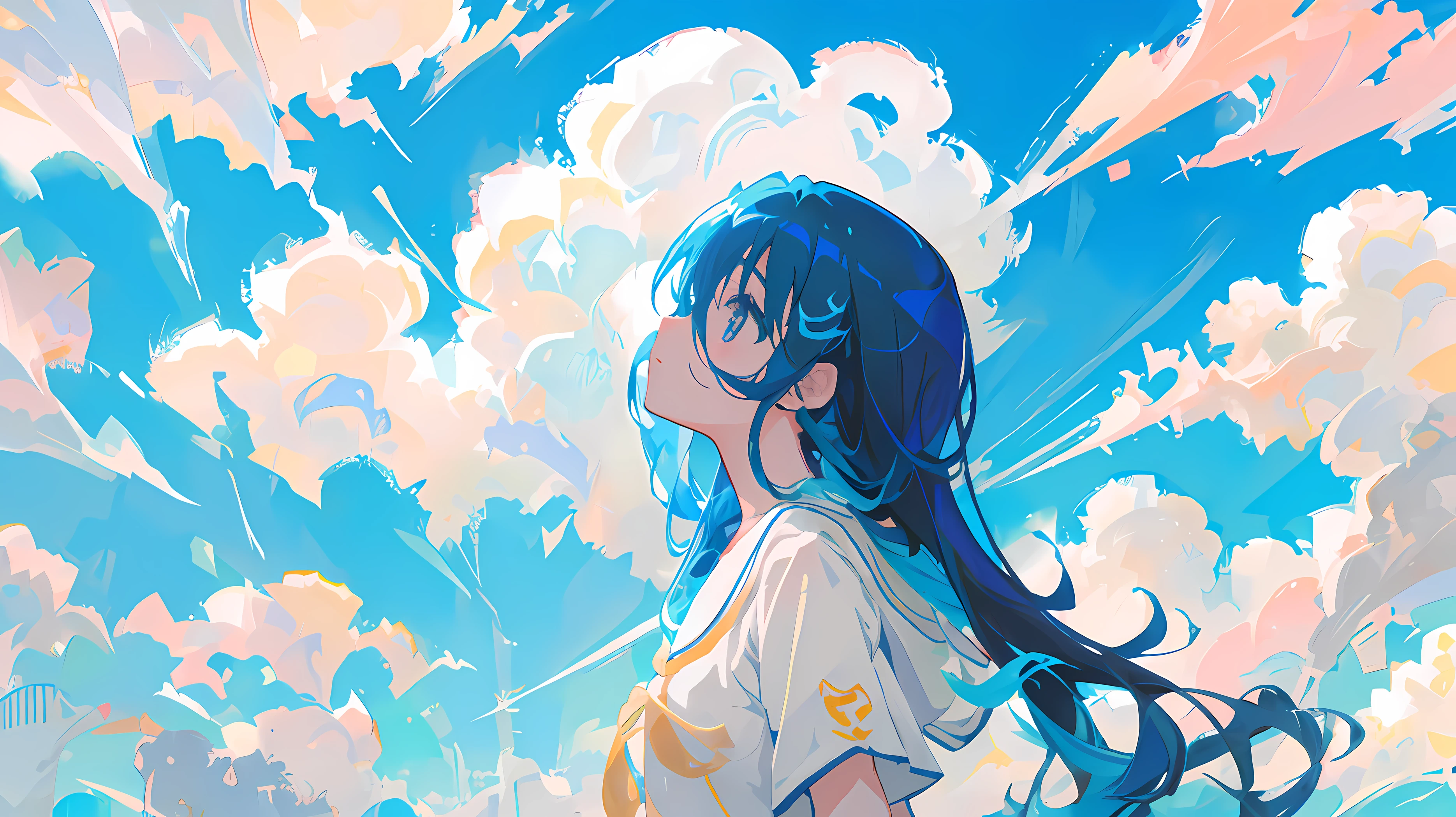 anime girl with blue hair looking up at the sky, anime clouds, anime style 4 k, anime art wallpaper 8 k, anime art wallpaper 4 k, anime art wallpaper 4k, girl clouds, anime wallpaper 4 k, anime wallpaper 4k, anime artstyle, anime sky, 2 d anime style, beautifull puffy clouds. anime, anime style illustration