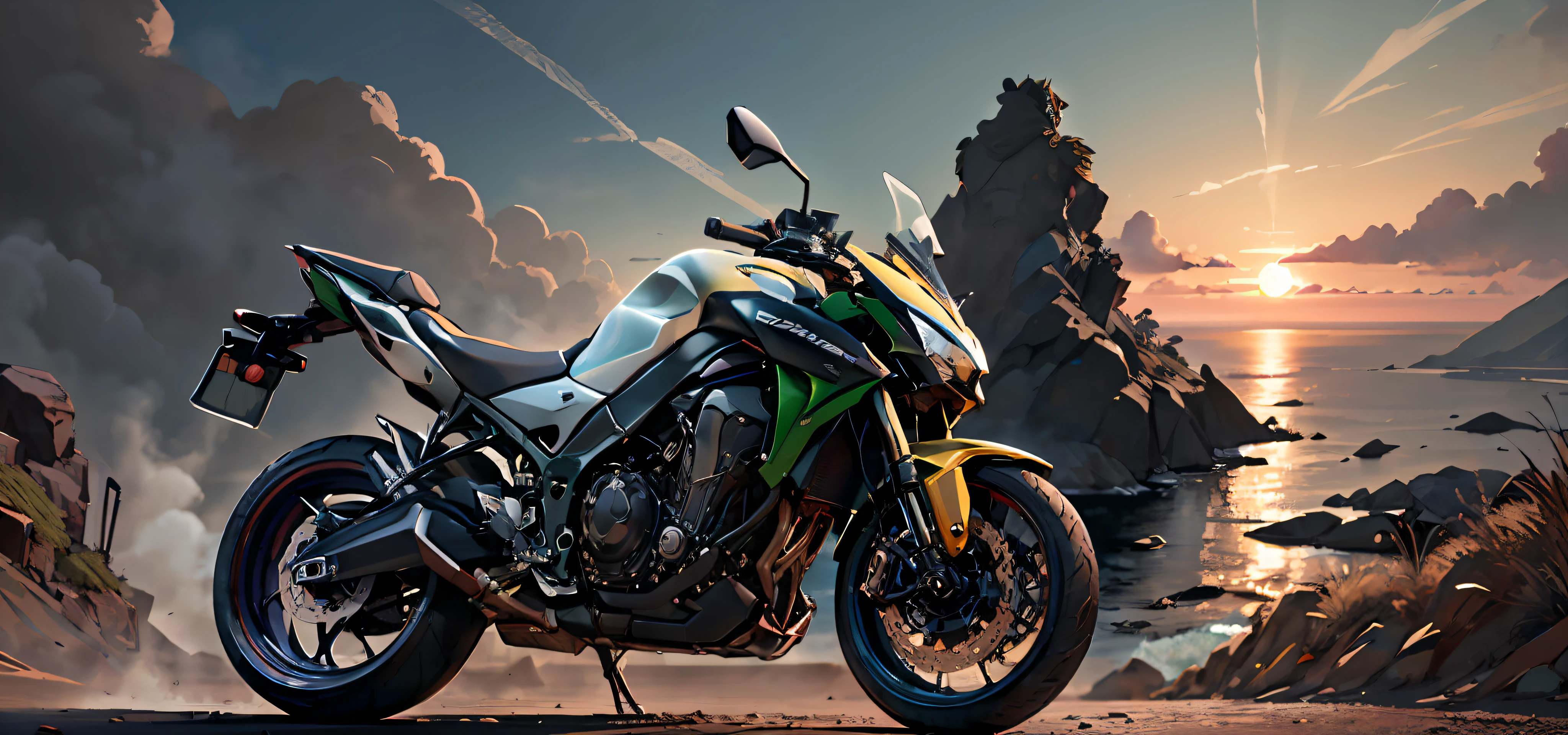 JavaPunkAI， Men， Wearing Chinese-style armor， （（Wear a dark brown helmet））， Riding a Kawasaki Z1000 motorcycle， On mountain roads， The background is a bright sunset over the ocean， Move fast， motion-blur， The light from the back window is backlighted， lowkey， siluette， warm color， cinematiccomposition， optimal quality， 4k， 8k， ultra-high-resolution， Sharp focus， intricate textures， 200mm f4 lens