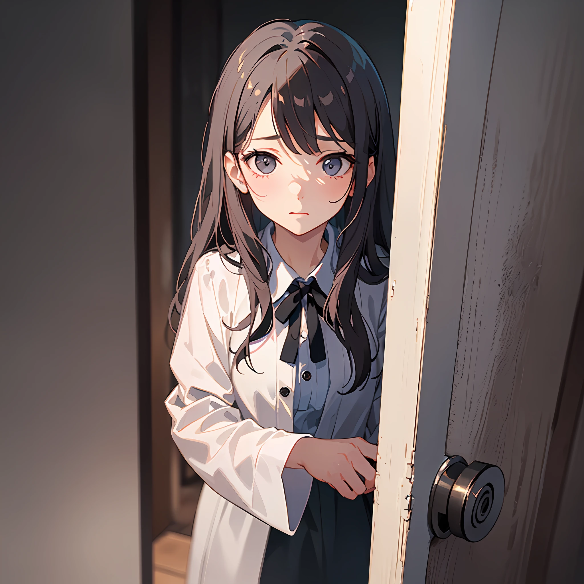 (a shy girl) slowly opens the door, her face barely visible as she peaks around the corner, (delicate lighting), (soft shadows), (sense of anticipation), (mysterious atmosphere), (subtle pastel hues), (subtle textures), (whispers of sound): 0.5, (slightly blurred edges): 0.7