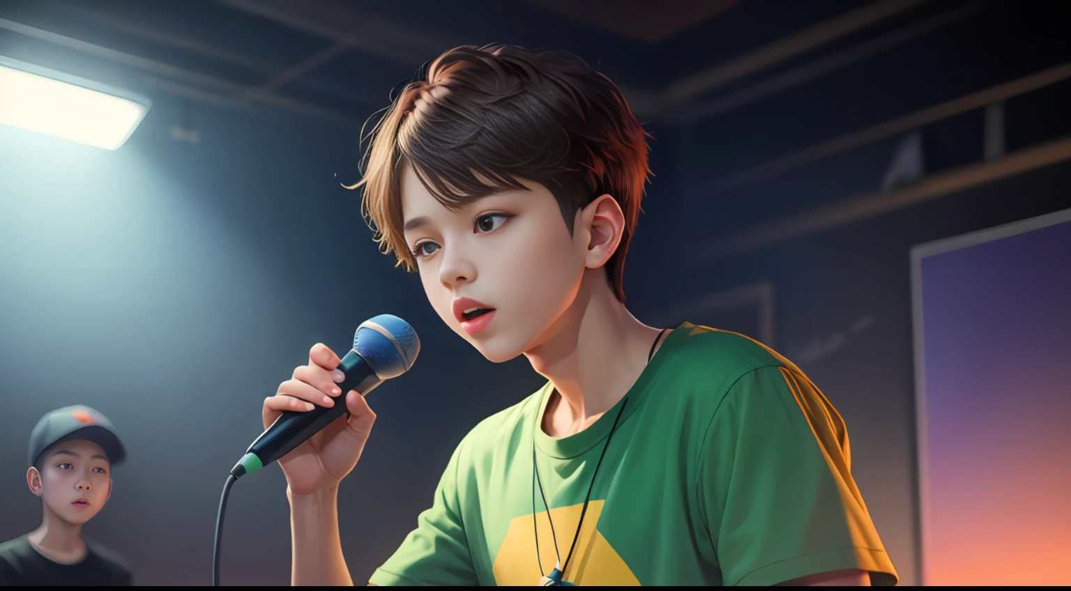 （digital paintting），（optimal quality），记者，1 boy，Hold the microphone，mike，interview，snak，8K hyper-realism，Pastel color scheme，gentle illumination, Hora de Ouro, Peaceful atmosphere, Transverse