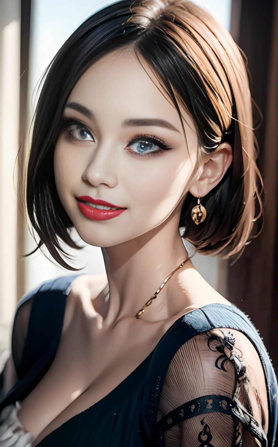 the best quality，ultra-high-resolution，（真实感：1.4），（beautiful a girl：1.4），（mediuml breasts：0.8），Looking_The is in the_peeping at the viewer，Detailed facial details，Beautiful detailed eyes，purple color  hair，Blue eyes，Slim，haunting smile，（Makeup：0.3），red lip，Very meticulous clothes，（ulzang-6500-v1.1：0.3）