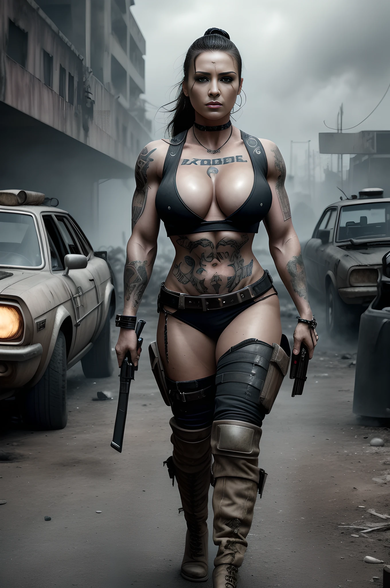 ((tattoos)),walking with determination, torn post-apocalyptic military ripped uniform, combat jacket with ripped holes, combat-pants with ripped holes, (wearing weapons and explosives), ((extravagant breasts)), heavy intense makeup, ((bodybuilder abs)), Futuristic sci-fi post-apocalyptic world, beautiful female evil creatures, madmax movie ,brutal violent dark cyberpunk dramatic background,