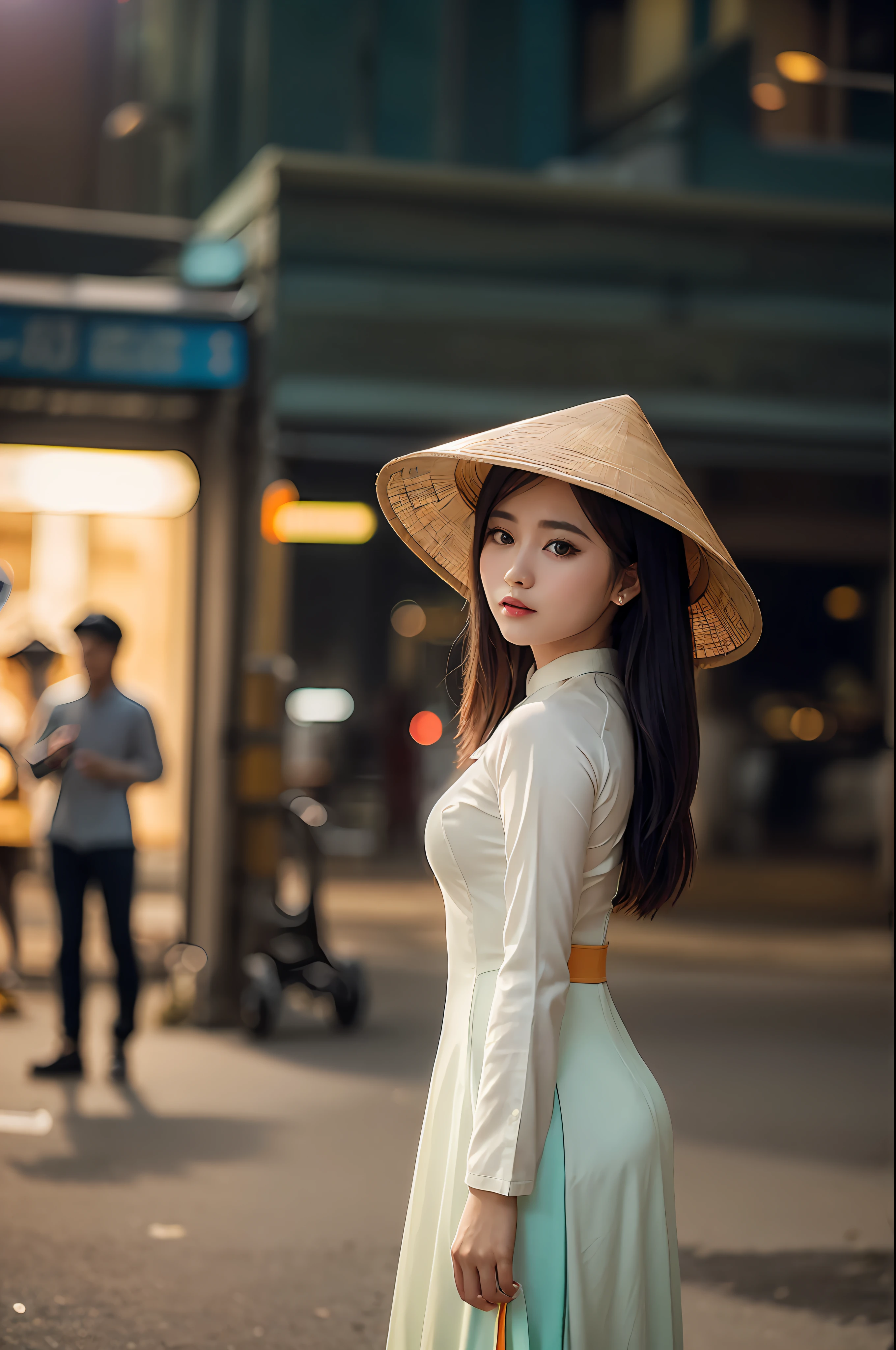 a beautiful girl in vintage bright colors aodai tradition viet nam, city nigth, masterpiece, best quality, realistic:1.3, street, cyberpunk, sunlight, backlighting, artstation, intricate details, vignette, city night, antique car, Hoi An, Conical Hat traditional viet nam