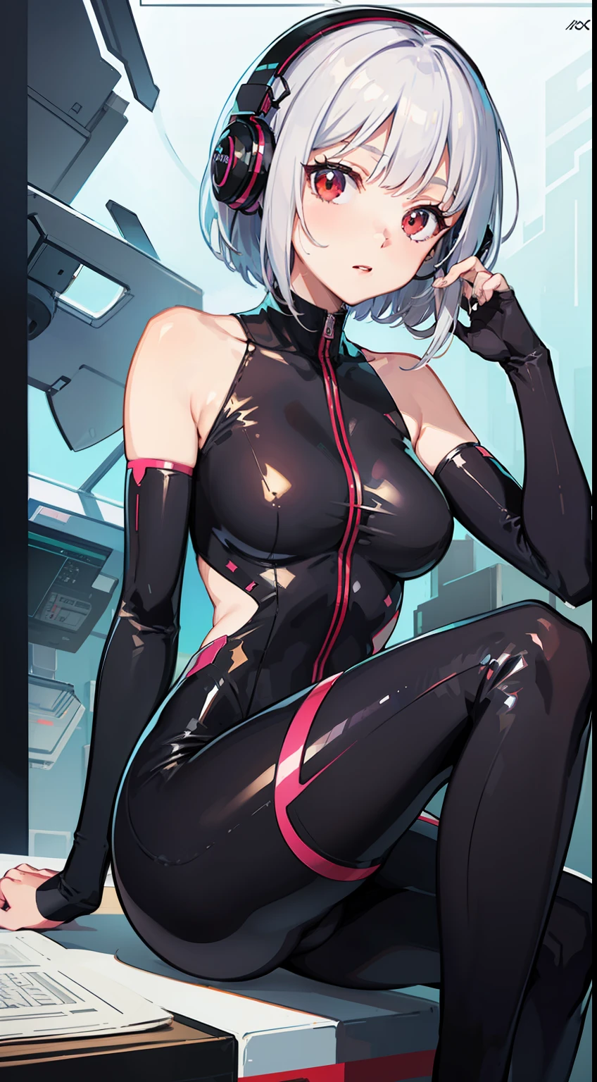 1 Whole body of a girl, has silver hair, Red eyes, bob cuts, Braids, body suit, pilotsuit, tights, headphones, sitting on, Triangular sitting, side looking, concept-art, beautiful anime scene, Beautiful anime scenery, beste-Quality, A masterpice