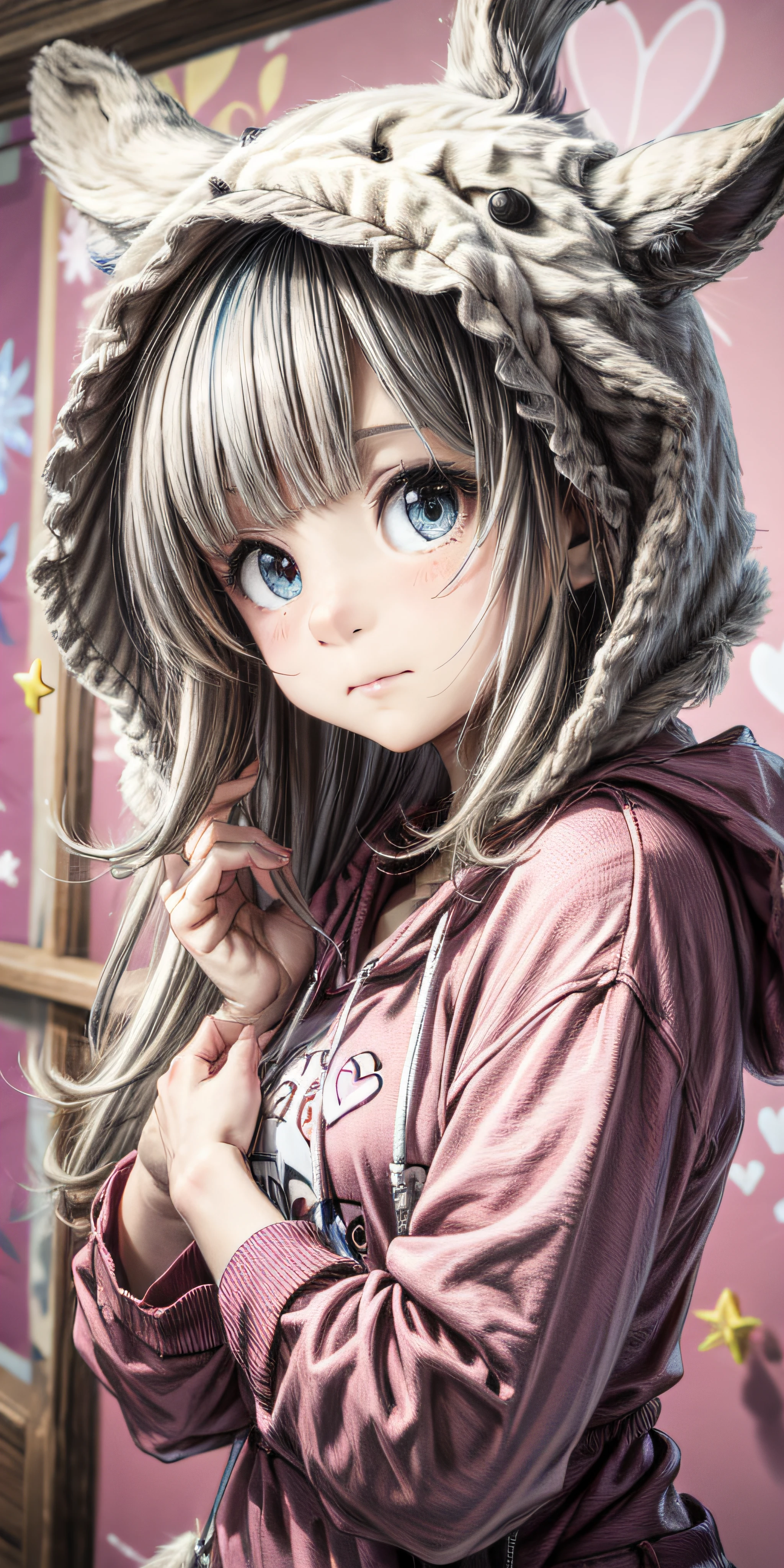 Cute shy girl, (Whole human body)独奏,Pink bow, Pink hoodie,A coquettish expression,Bow your head shyly,Fawn rammed,Detailed expressions,The tension of love coming,Ultra-detailded,disheveled hair,blue eyed, As estrelas, heart-shaped, A comic masterpiece,Stuffed animals,high-definition, 8K,(((good hand))), Shy face,ultra-high-resolution