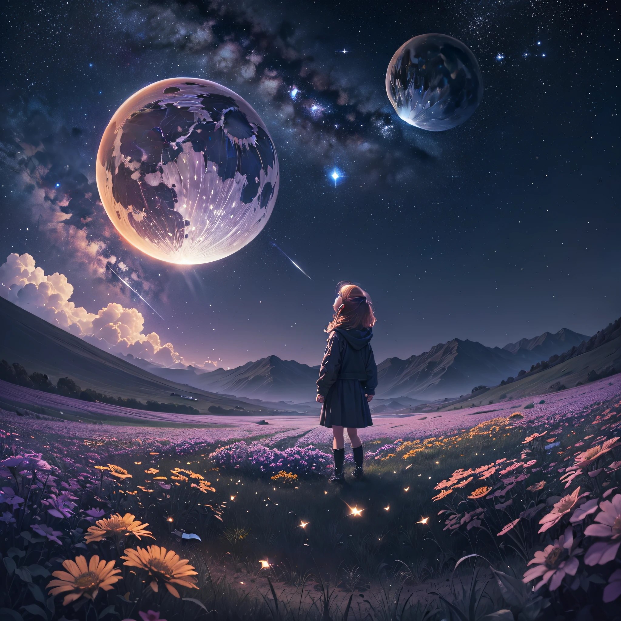 Expansive landscape photograph, (view from below with a view of the sky and wilderness below), girl standing in a flower field looking up, (full moon: 1.2), (shooting star: 0.9), (nebula: 1.3), distant mountain, tree break production art, (warm light source: 1.2), (firefly: 1.2), lamp, purple and orange, intricate detail, volume lighting, realism break (masterpiece: 1.2) (Best Quality), 4K, Ultra-Detailed, (Dynamic Composition: 1.4), Highly Detailed and Colorful Detail, (Iridescent Colors: 1.2), (Radiant Lighting, Atmospheric Lighting), Dreamy, Magical, (Solo: 1.2), Realistic Flowers, Material, Walls, Ultra-Fine Flowers, Picturesque Walls, Falling Stars, Meteor Shower, Shooting Stars, Fireflies, Small Balls of Light, Orbs, Fantastic, Light Particles, Star Rain, Star Shake, Blue Moon, Crescent, Pentagram, First magnitude, Betelgeuse, Glass Ball