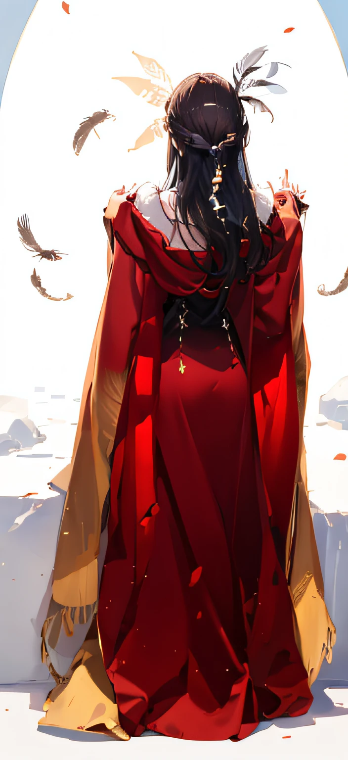 The back of a beautiful woman wearing a red cloak and black hair with feathers,