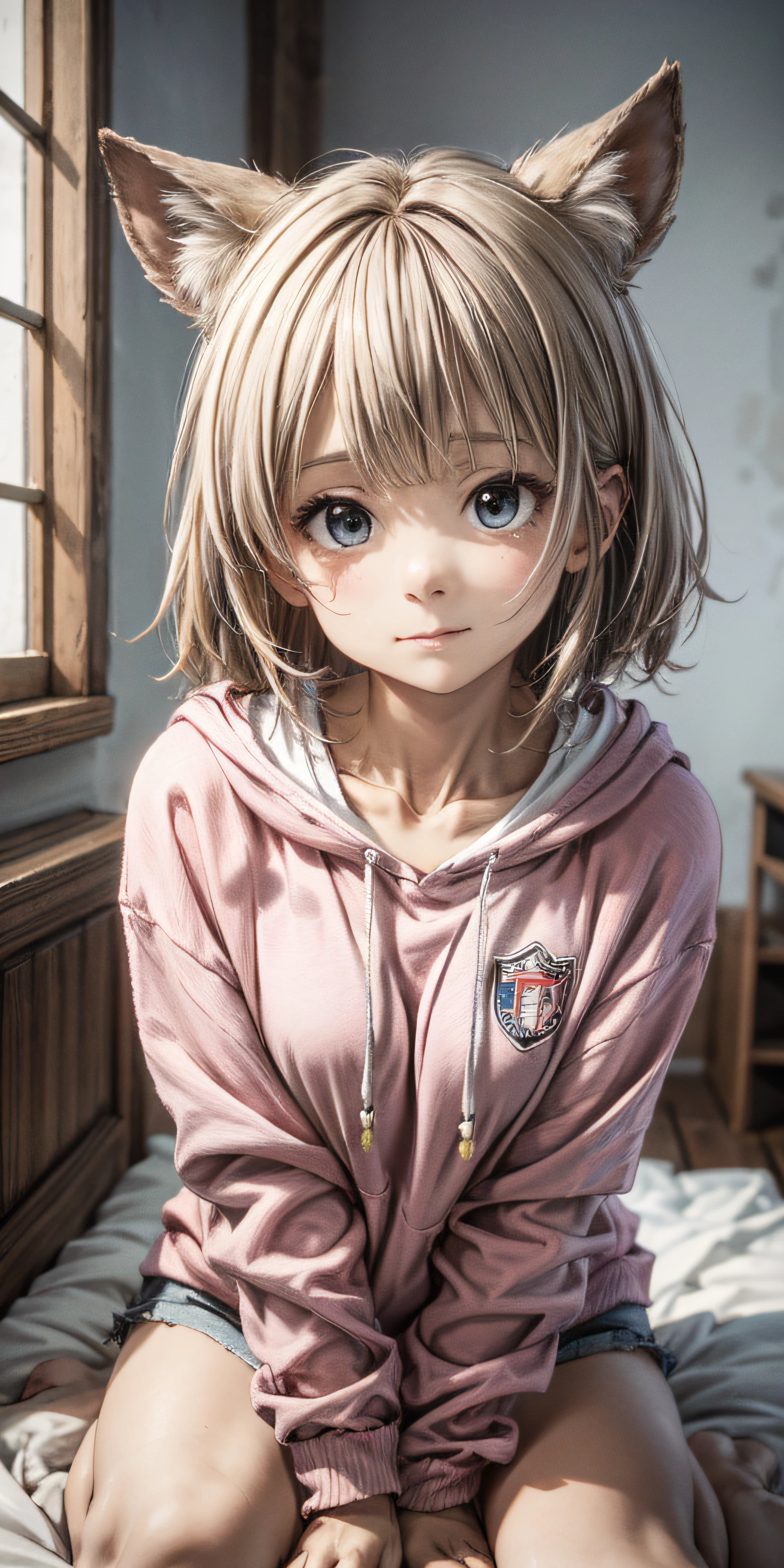 Cute shy beauty, (Whole human body)独奏,Pink bow, Pink hoodie,A coquettish expression,Bow your head shyly,Fawn rammed,Detailed expressions,The tension of love coming,Ultra-detailded,disheveled hair,blue eyed, As estrelas, heart-shaped, A comic masterpiece,high-definition, 8K,(((good hand))), Shy face,ultra-high-resolution