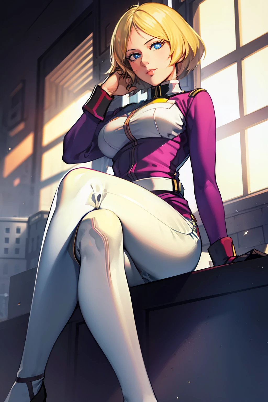 1girl, (solo:1.5) sayla mass, elegant, masterpiece, intricate, realistic, best quality, absurdres, high face detail, perfect eyes, 18 years old, full figure, illustration, vibrant colors, white uniform, skirt, looking at viewer, from below, sitting, crossed legs,