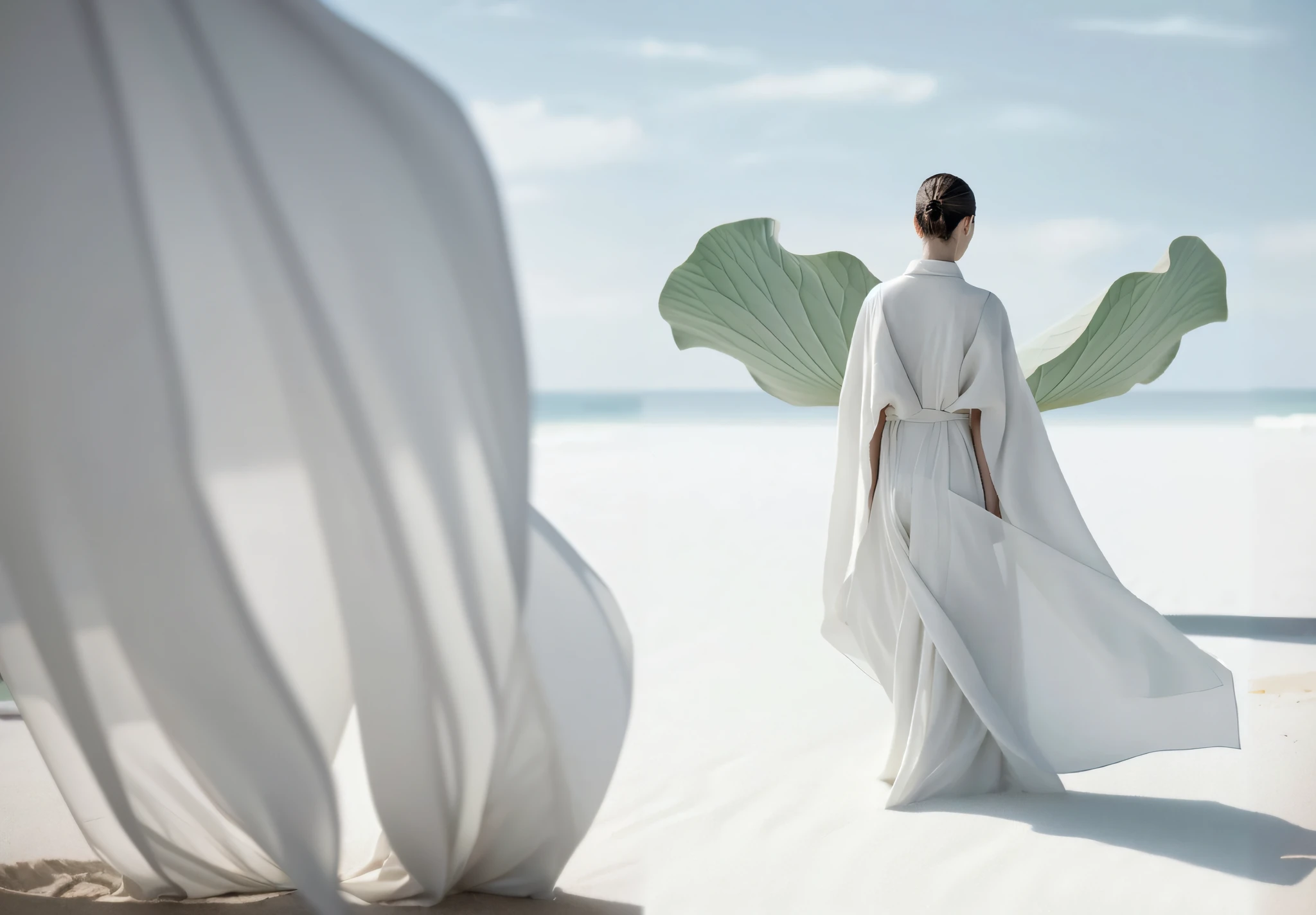 Arad woman in white dress walking on the beach，Large leafy areas, flowing white robes, flowing white robes, flowing cape, 3 / 4 view of woman with wings, flowing robe, wearing a long flowing robe, Flowing robes, a still of an ethereal, ethereal wings, White wings, flowing magical robe, jingna zhang, White Hanfu, wearing a long flowing robe