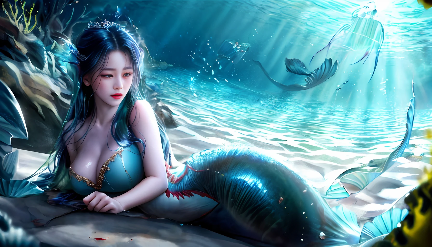 8K,Exquisite,masterpaintings,High detail,Semi-realistic,1个Giant Girl,(mermaids:2)(fish scales:1.8),(Cinematic CGI,Professional Quality,8K分辨率,high-definition,wide wide shot,Lighting style:Cellar lighting,len Brown,super detailed and realistic)The scene depicts an aesthetic underwater environment,Mainly Cthulhu-style beauties lying on the reef。Her dark green hair turned into the tentacles of jellyfish,A ray of sunlight shines on her face with a combination of the Tyndall effect and diffuse reflection。Girl with WeChat on her face,Liu Yifei,The camera focuses on the girl's facial features。a backdrop of:Scattearound are perfectly shaped mermaids,Huge sea serpents and deep-sea fishmen loom in the distance。Chaotic seaweed,Blood rose from the bottom of the sea。