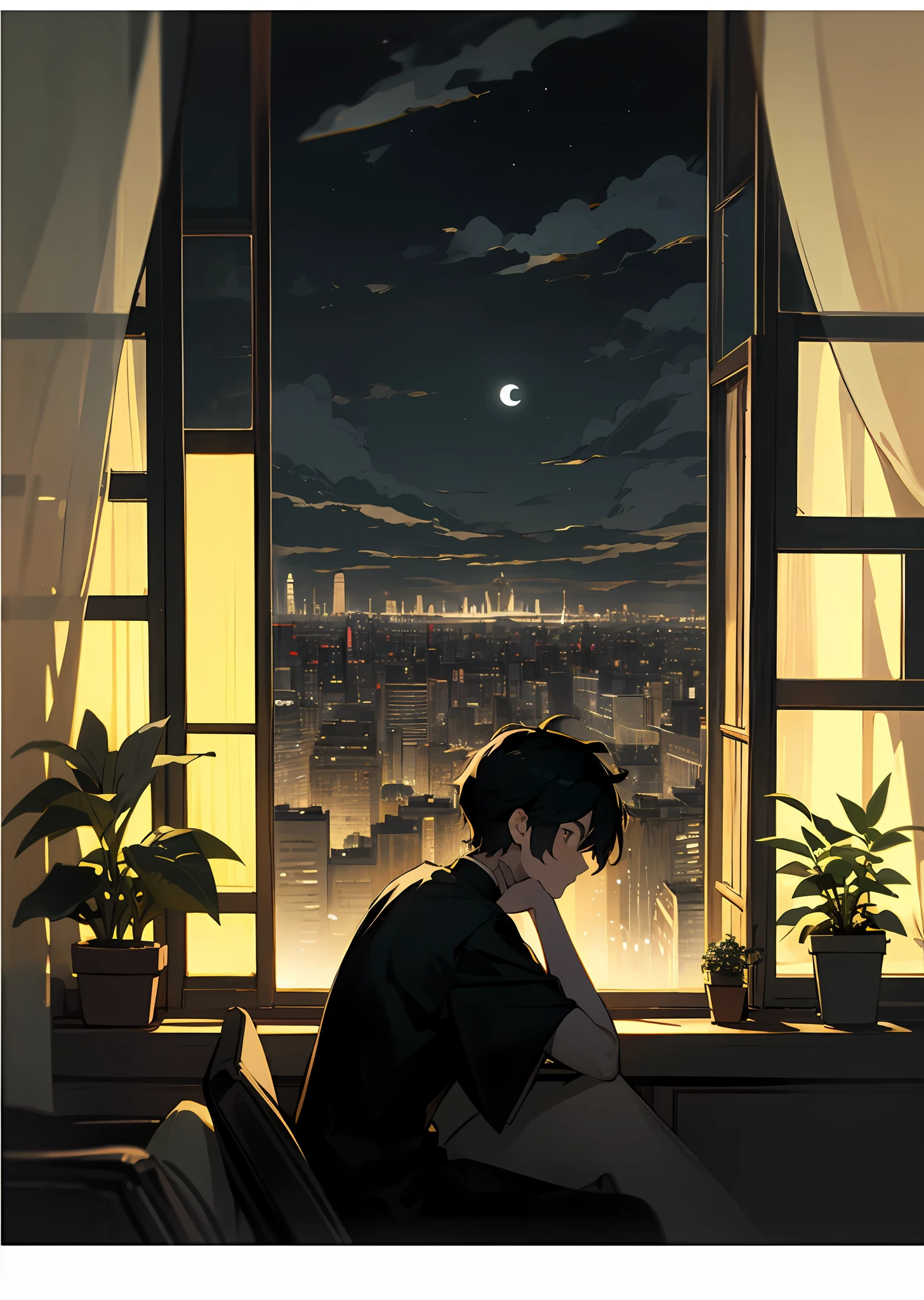 1 male、twinks、独奏、sitting on、room with、messy black hair、looking the viewer、Rough clothing、dark、City view at night from the window、Dark room、Flower pots on the windowsill、potted plant、Tulle transparent curtains、River embankment、along the river、Socialist classicism、high buildings、city light、Cityscape、luna、the clouds、Black sky、Lonely silhouette by the window