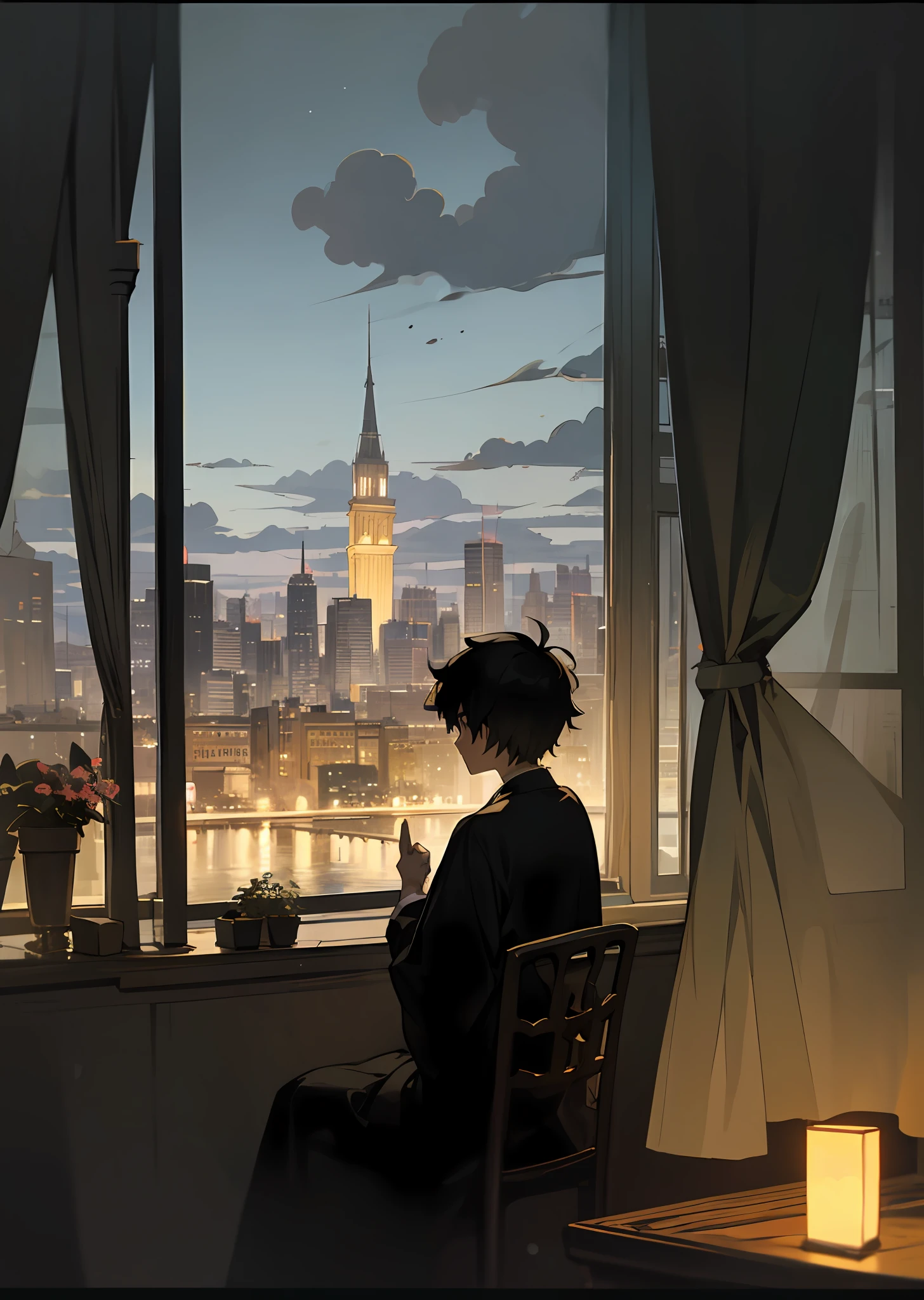 1 male、twinks、独奏、sitting on、room with、messy black hair、looking the viewer、Rough clothing、dark、City view at night from the window、Dark room、Flower pots on the windowsill、potted plant、Tulle transparent curtains、River embankment、along the river、Socialist classicism、high buildings、city light、Cityscape、luna、the clouds、Black sky、Lonely silhouette by the window