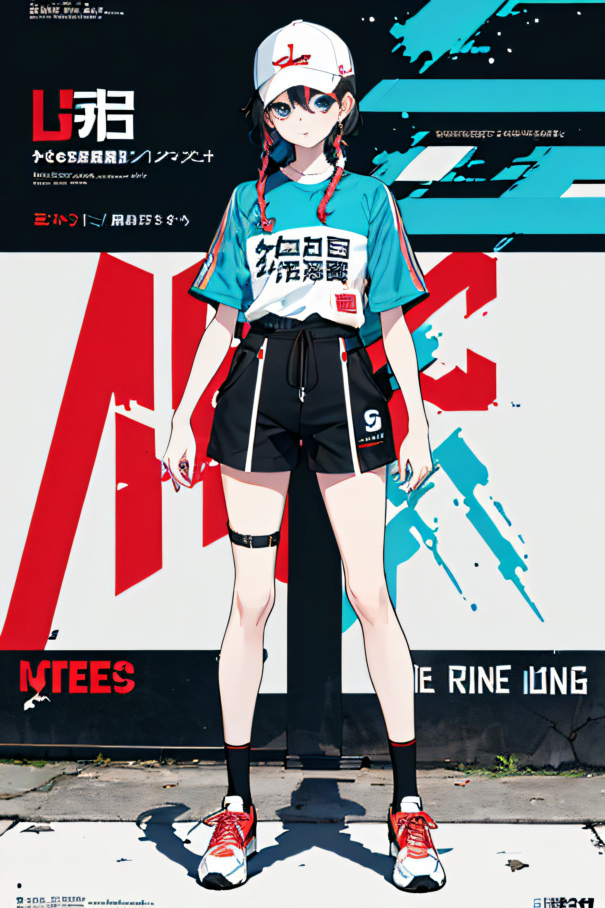 8K，optimal quality，masterpaintings，wallpaper hd，((((Dramatic))), (((grittiness))), (((Intense))) The movie poster features a sporty girl as the central character，solo，Full body photo，She stands confidently in the center of the poster，HD face details，Delicate hands，Delicate HD fingers，Twist braids，Dress in fashion-forward clothing，Fake two-piece short sleeves，Loose shorts，sport shoes，Cap，with a determined expression on her face，Slender body。Street photography background，There is a summer and strong feeling。The text is bold and eye-catching，With catchy slogans，Adds to the overall drama and excitement。The color palette is predominantly blue，Dotted with bright colors，Make the poster dynamic and visually striking，tachi-e (magazine:1.3), (estilo da capa:1.3), lo fashion, vibrant, Outfit, posando, Front,rich colourful，Dynamic，a backdrop of，element in，confiante，Expression of，Hold，statement，attachment，Majestic，coil，ao redor，tocar，Scenes，text，cover page，ousado，attention-grabbing，titles，lo fashion，typeface，Catchy，titles，Bigger，smart、moderno、Trendy、focus-on、lo fashion、