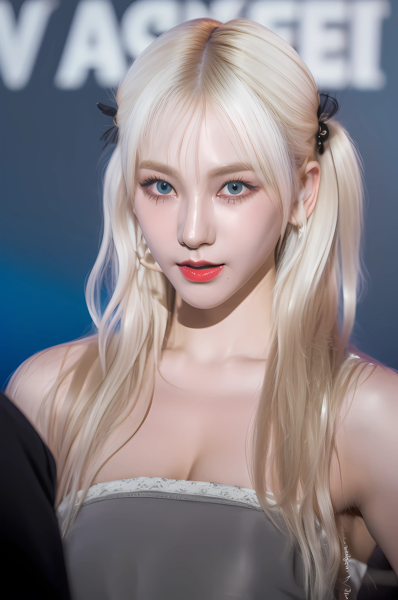 (8k, 4k, best quality, highres, ultra high res:1.1), (masterpiece, realistic, photo-realistic:1.1), 1girl, face, close-up, twintails, blonde hair, black eyes, red lips,,Long hair,long eyelash,eyeshadows,smaller face,with big eyes,naked shoulders,The high-contrast,