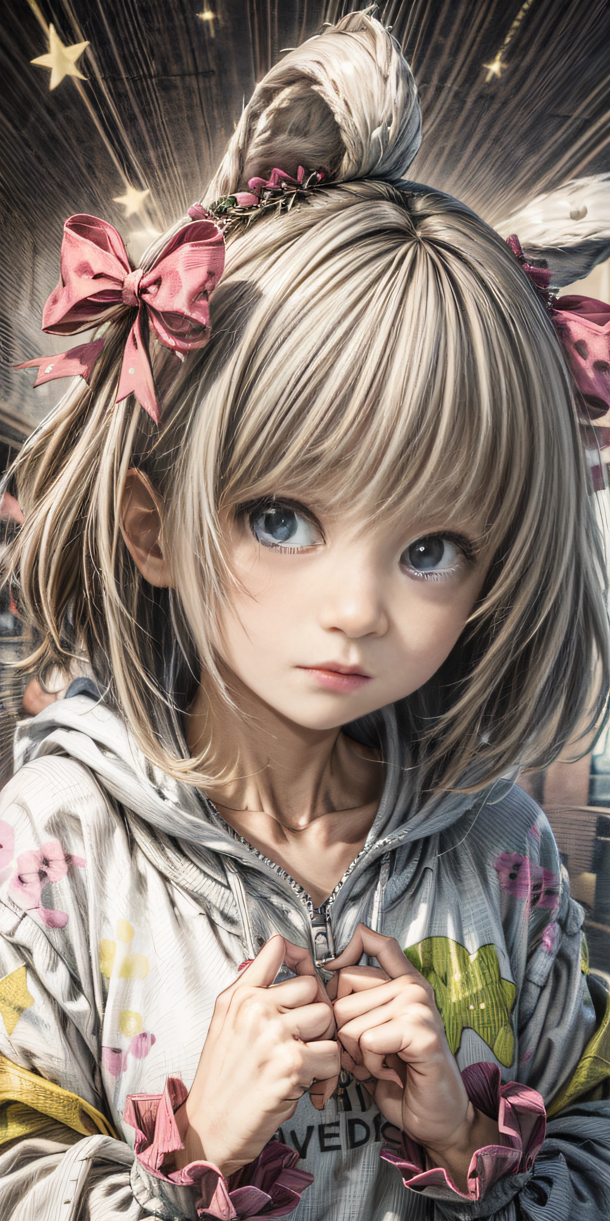 Cute shy beauty, (Whole human body),独奏,Pink bow, Pink hoodie,A coquettish expression,Bow your head shyly,Fawn rammed,Detailed expressions,The tension of love coming,Ultra-detailded,disheveled hair,blue eyed, As estrelas, heart-shaped, A comic masterpiece,Whole human body,(The picture is not divided)Not divided,Unity 8k wallpaper,high-definition, 8K,Whole human body(((good hand))), Shy face,ultra-high-resolution