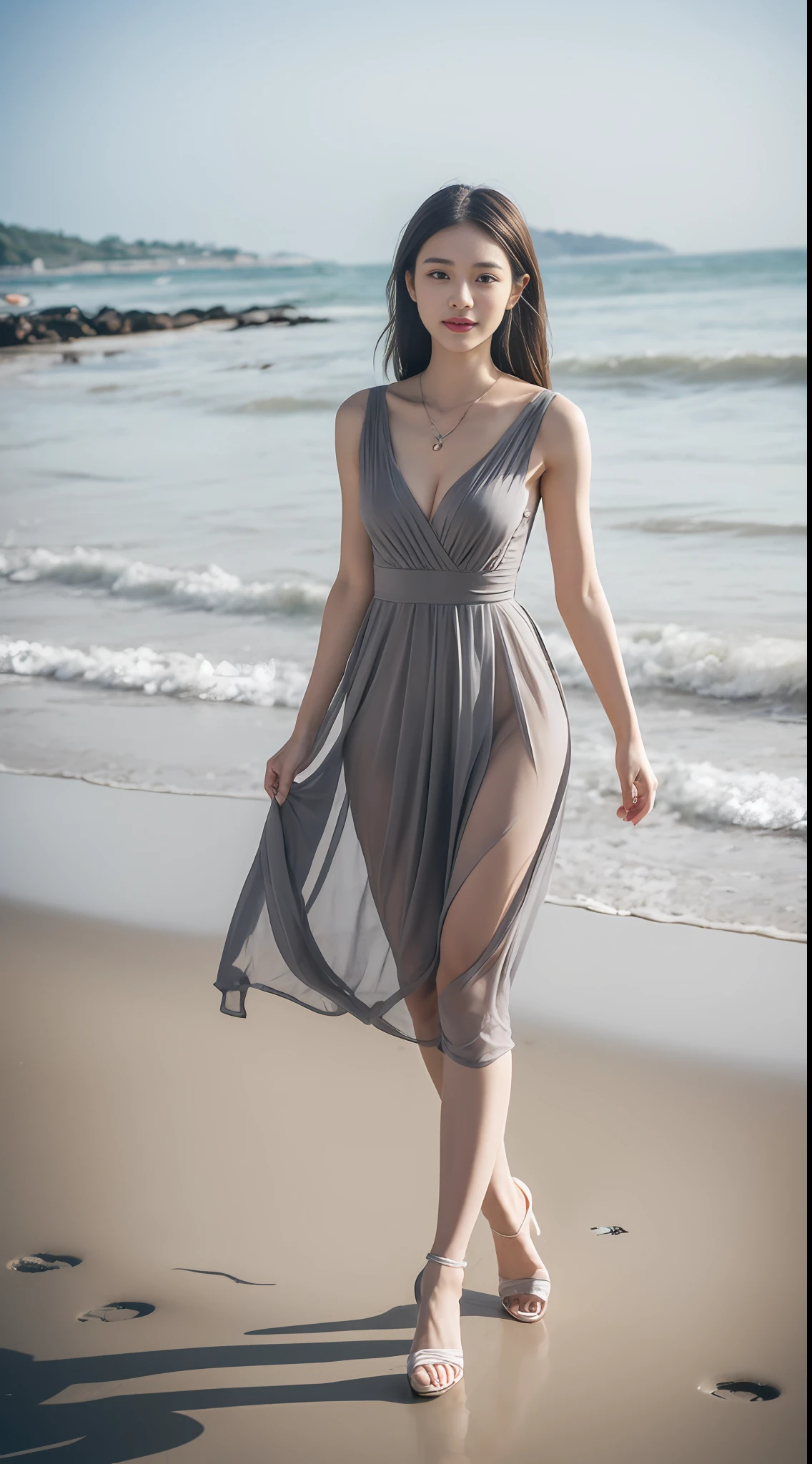 8K，nmasterpiece，optimal quality，Perfect details，Arapei woman in gray dress walking on the beach by the sea，There is seawater，There are waves，bodycon dress, bodycon dress, Transparent gray dress, wearing tight simple clothes, Sexy dress, tight attire, wearing silver dress, sheer dress, korean women's fashion model, woman in dress, Korean girls, skinny waist and thick hips, wearing skirt, stylish dress, korean woman, Translucent dress