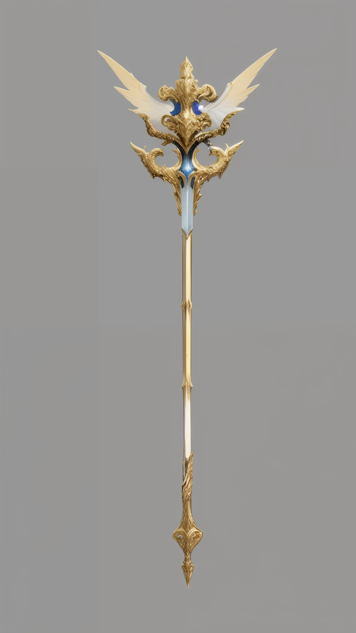 Very large metal sword,Blue and white design, bone scepter, realistic lance, intricate fantasy spear, fantasy weapon, role-playing game items, long detailed ornate scythe, rpg item render, scepter, medievil spear, halberd, metallic scepter, dragon staff, brandishing halberd,Heavy metal feel,sense of science and technology,Golden wings,真实感,The details are real