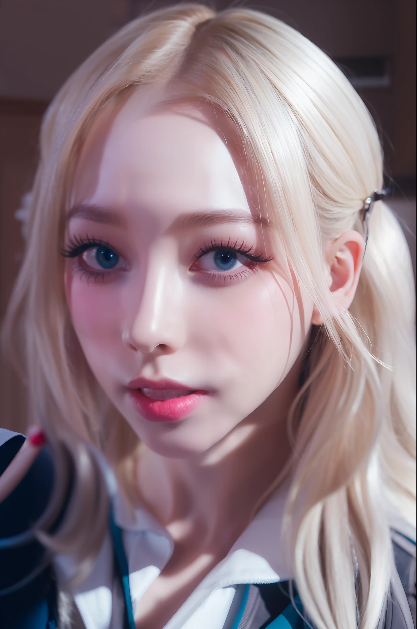 (8k, 4k, best quality, highres, ultra high res:1.1), (masterpiece, realistic, photo-realistic:1.1), 1girl, face, close-up, twintails, blonde hair, black eyes, red lips,,Long hair,long eyelash,eyeshadows,smaller face,with big eyes,????? shoulders,The high-contrast,