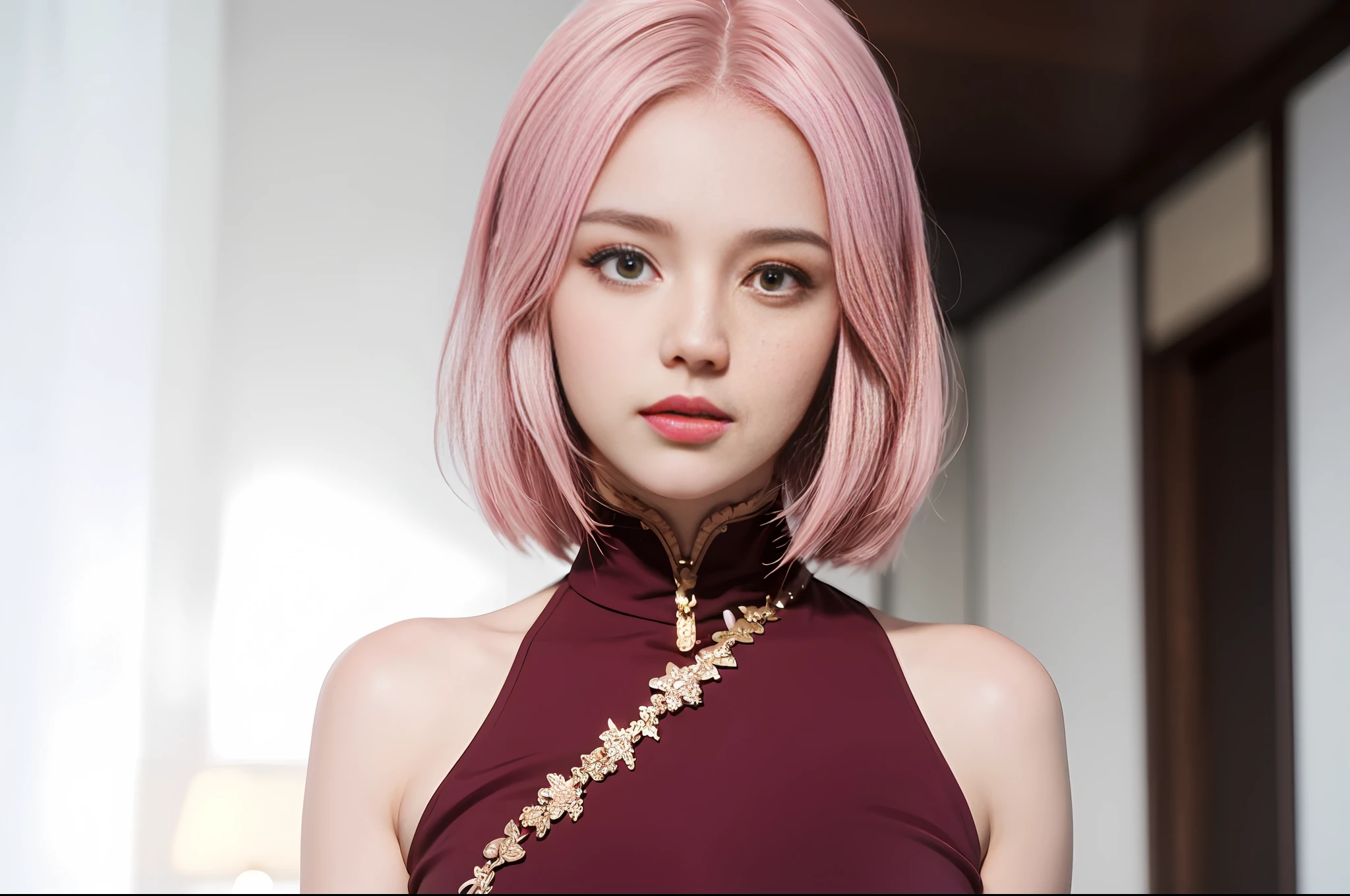 Top quality, 8k, 32k, Masterpiece, photo realistic, realistic, (photorealistic:1,4), 1 girl, slight smile, dramatic lighting, professional makeup, very big breasted woman, (seductive pose), Sexy, beautiful white face shining, beautiful face, pink cheeks, beautiful lips, porcelain skin, detail intricate, super detailed, super high, highest detailed, high detailed, delicate, incredible detailed, fine detailed, cinematic lighting, top quality, smooth and beautiful, CG, unity, 8k wallpaper, Stunning, fine detail, unity CG wallpaper 8k ultra detailed, large file size, ultra detailed, high resolution, incredible detail, stunning detail, depth of field.