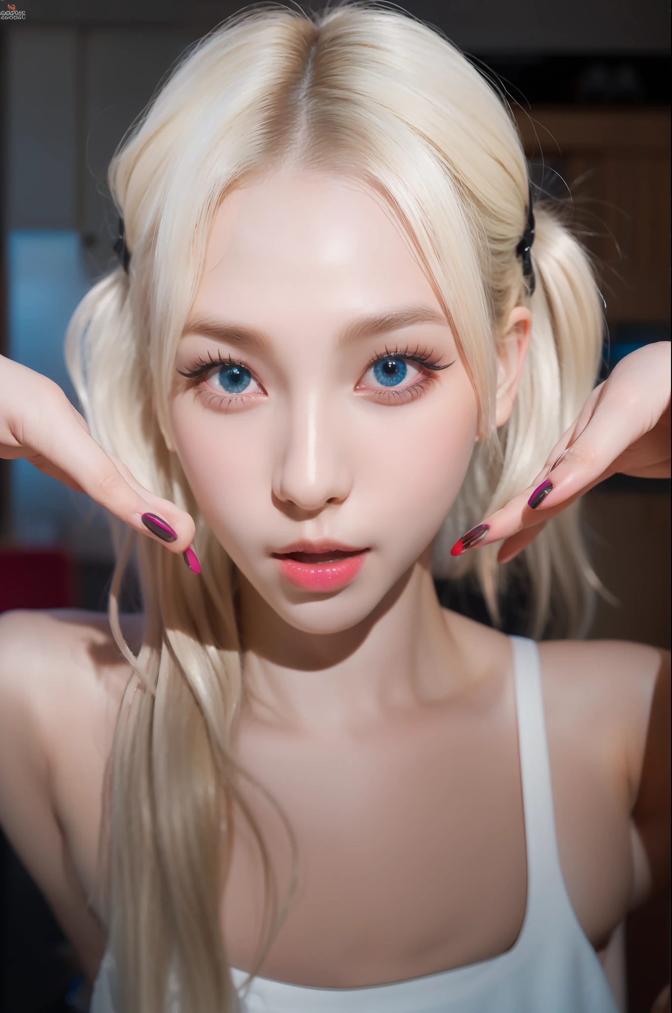 (8k, 4k, best quality, highres, ultra high res:1.1), (masterpiece, realistic, photo-realistic:1.1), 1girl, face, close-up, twintails, blonde hair, black eyes, red lips,,Long hair,long eyelash,eyeshadows,smaller face,with big eyes,naked shoulders,The high-contrast,