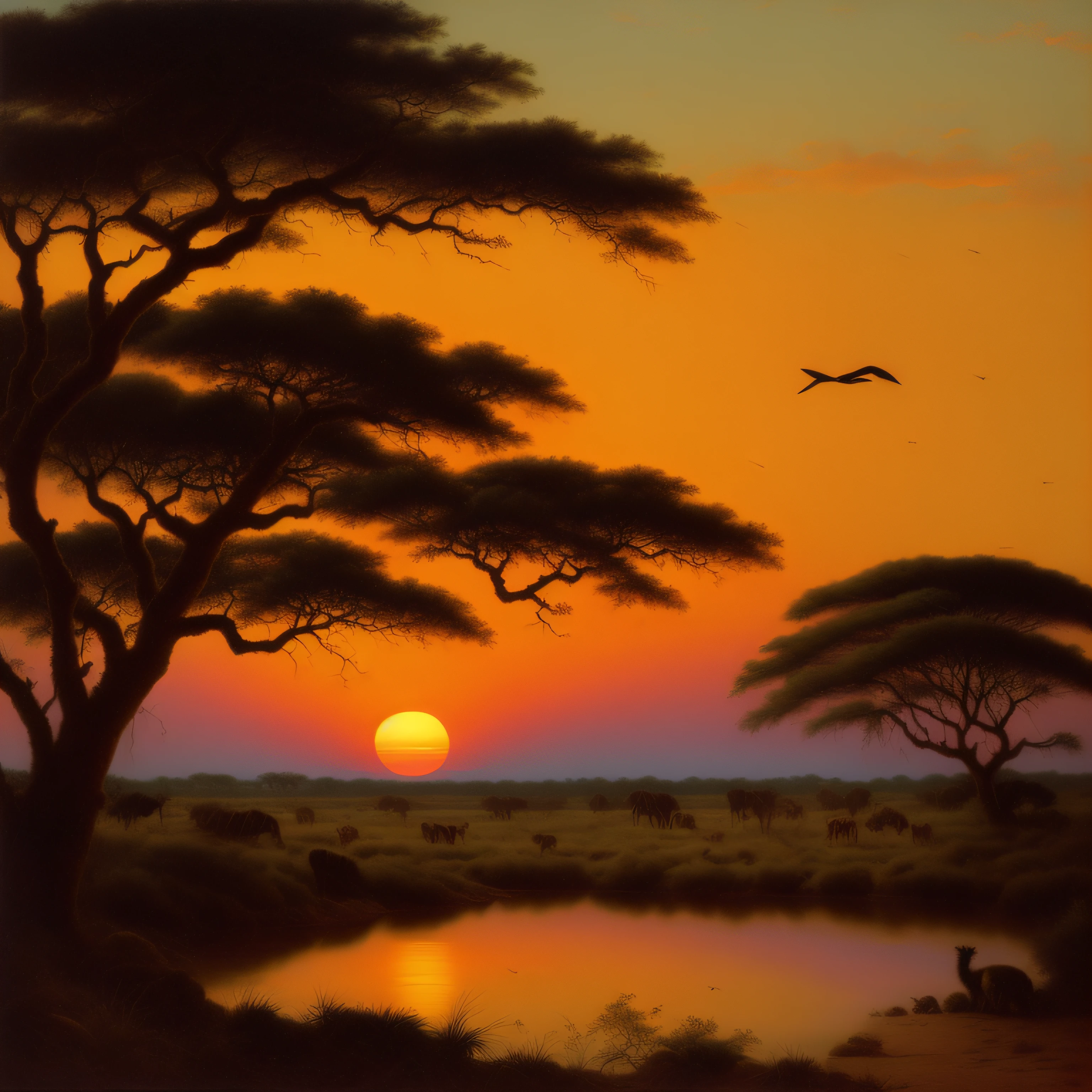 Capture the majestic beauty of an African savannah at dusk. Herds of wild animals, the sky ablaze with the colors of the setting sun. Wide-angle, deep-focus composition. Artist: Andrew Macara. UHD --ar 9:16 --s 180 --auto