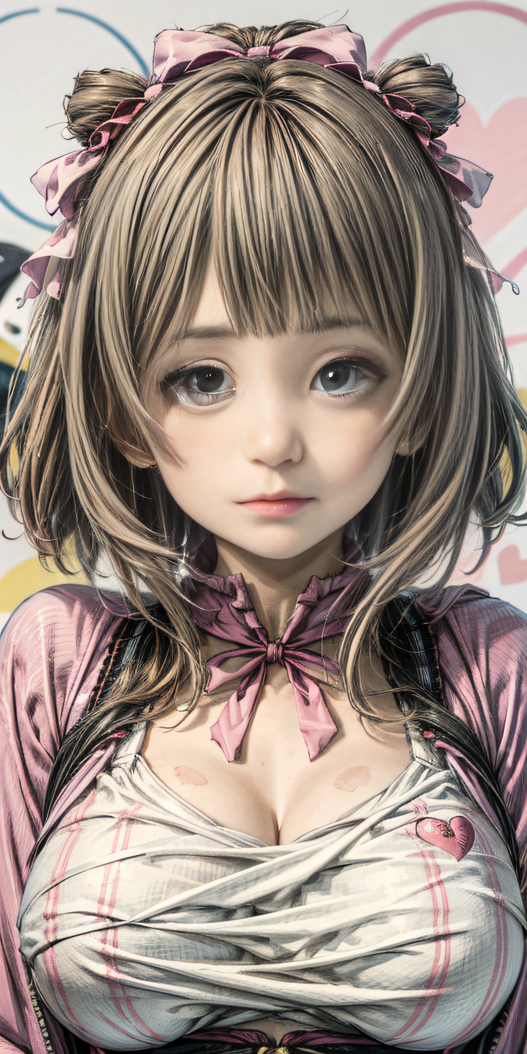 1girl huge large breasts, Shy girl(Whole human body),独奏,Pink bow, Pink hoodie,A coquettish expression,Bow your head shyly,face red,Little blush fluttered,Fawn rammed,Detailed expressions,The tension of love coming,Ultra-detailded,disheveled hair,blue eyed, As estrelas, heart-shaped, A comic masterpiece,Whole human body,(The picture is not divided)Not divided,Unity 8k wallpaper,high-definition, 8K,Whole human body(((good hand))), Shy face,ultra-high-resolution