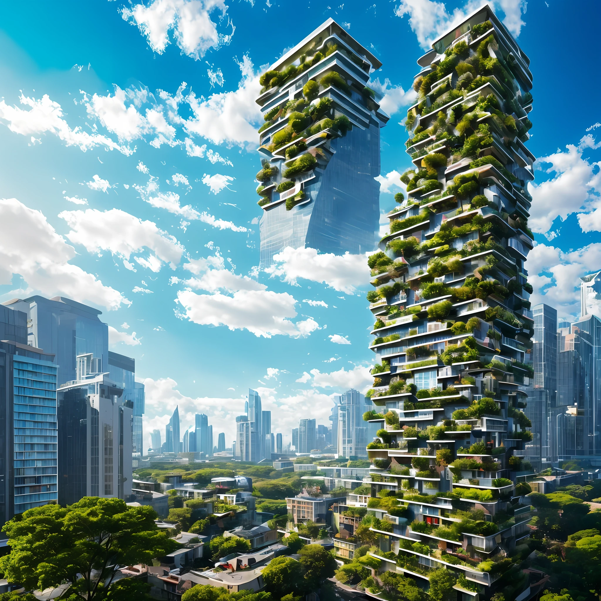 arafed skyscrapers with trees growing on them in a city, skyscrapers with greenery, skyscraper forest community, vincent callebaut composition, vincent callebaut, two organic looking towers, city buildings on top of trees, green architecture, hanging gardens, sustainable architecture, forest setting with skyscrapers, endless forest of high buildings