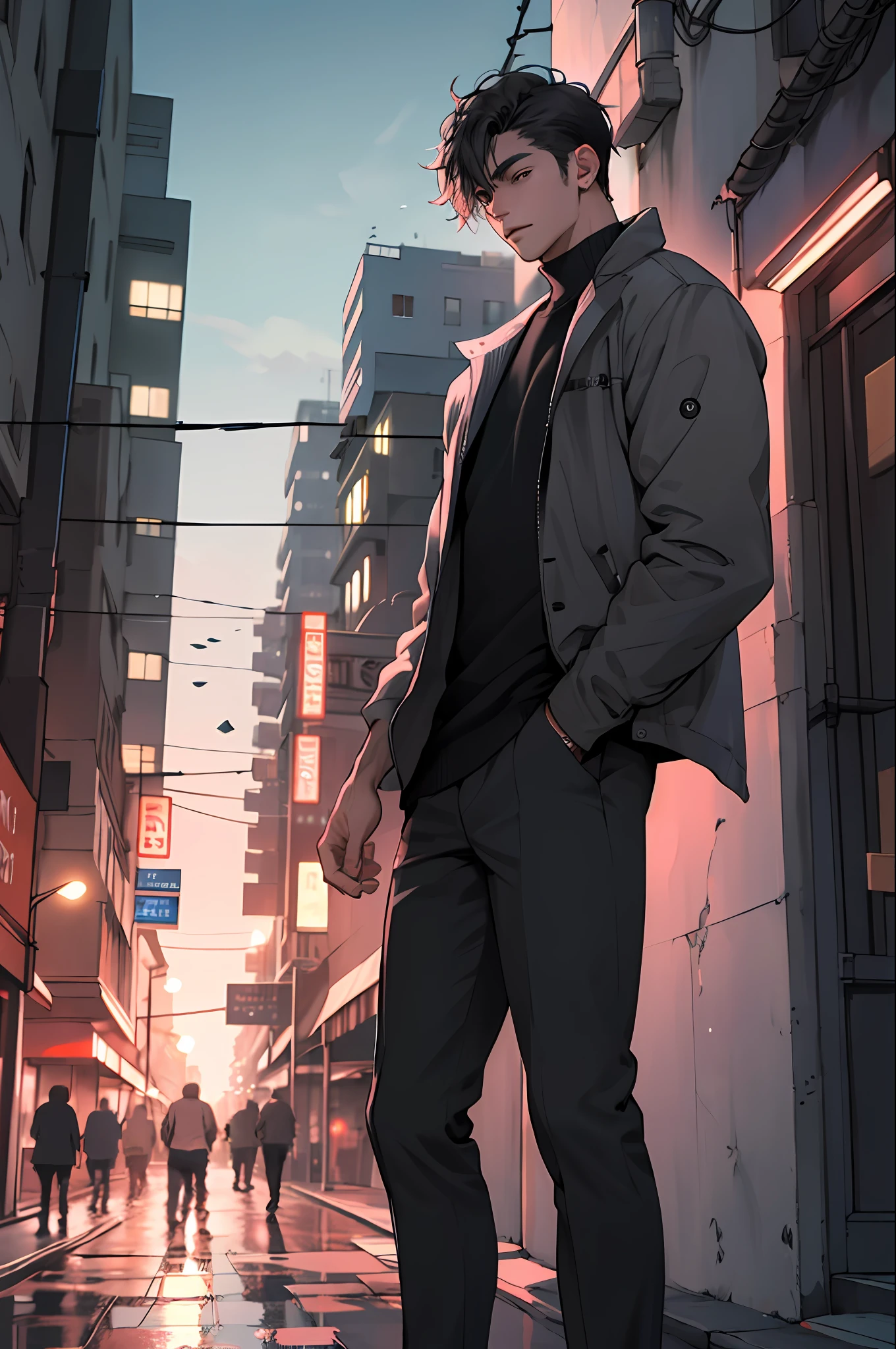 1man,masterpiece,best quality, ultra high res, dusk,cityscape,depth of field, short black messy hair, solo male