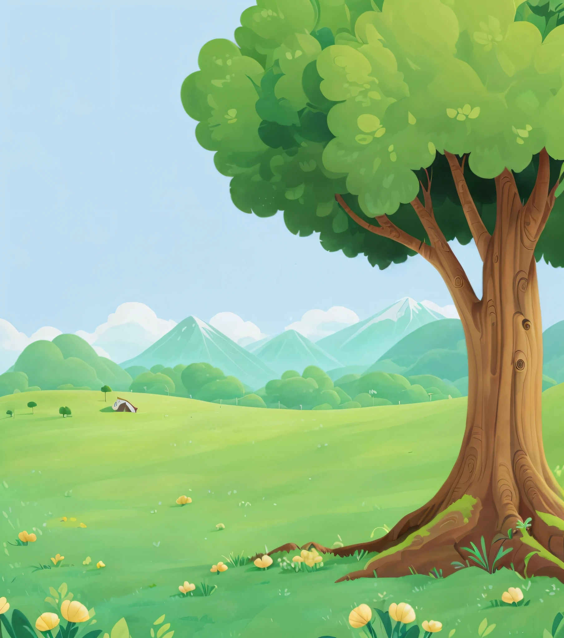 storybook illustration，Illustration of a tree on green meadow，The background is mountains, arte de fundo, background artwork, Natural background, Landscape illustration, Park background, the tree is growing on a meadow, Natural background, setting in nature, made of tree and fantasy valley,floorplan。