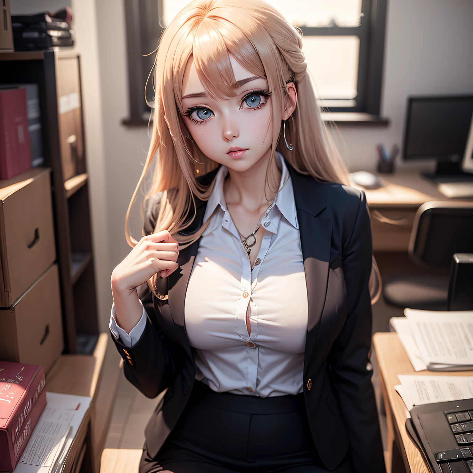 ((beautiful eyes))+((eye contact))+((anime style))+(woman)+(office clothes) --auto