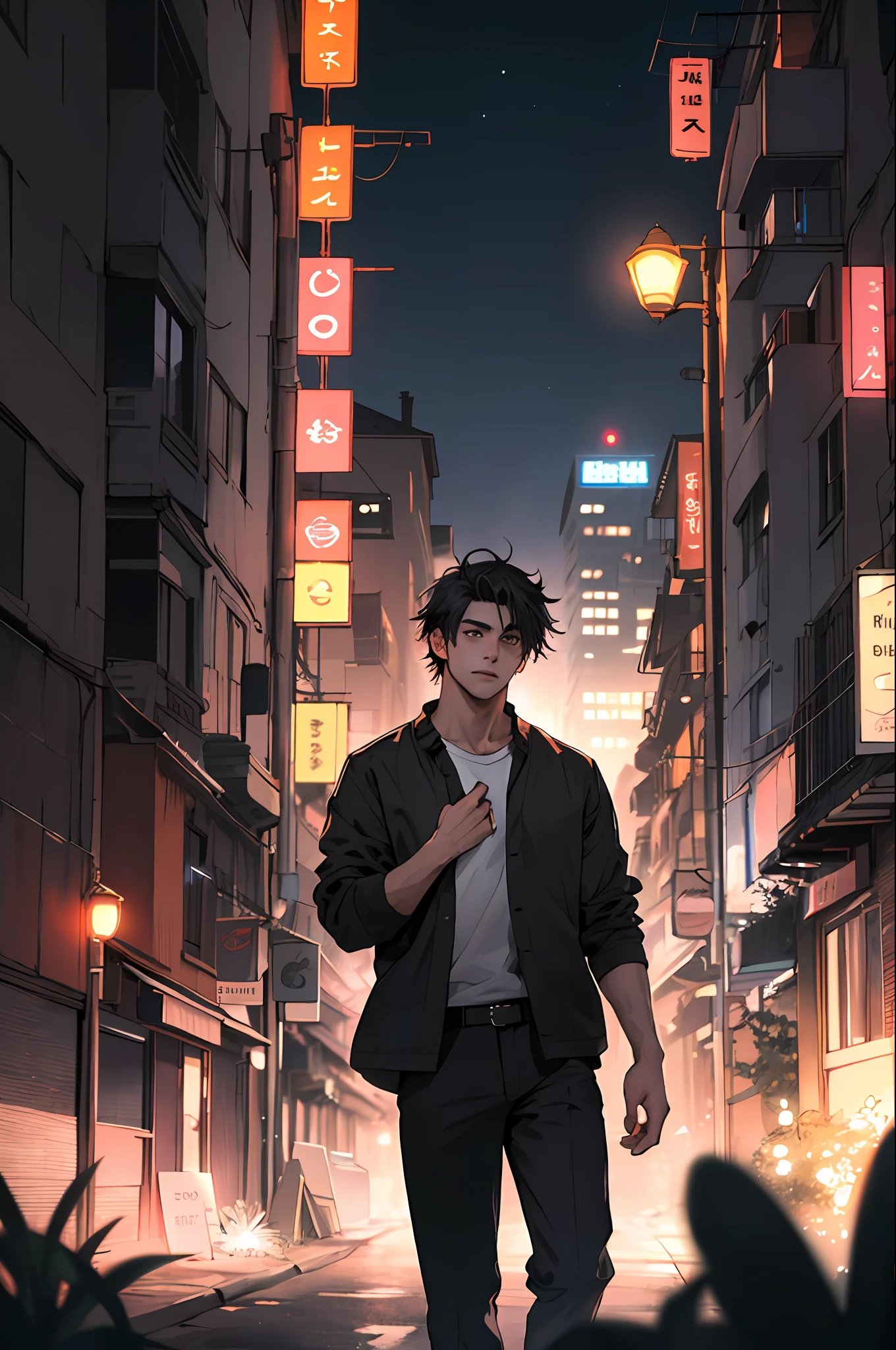 1man,masterpiece,best quality, ultra high res, dusk,cityscape,depth of field, short black messy hair, solo male