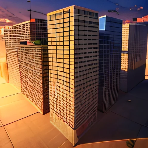 A top view of a futuristic city covered with skyscrapers, buildings and trees. During sunset and High Quality and far view