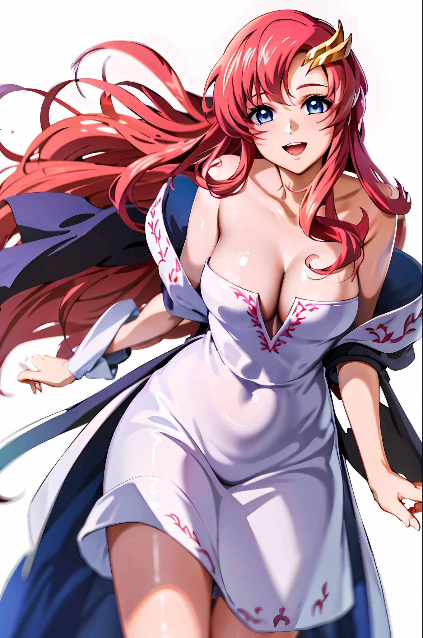 (masterpiece, 4k, best quality, white background, bold drawing lines, highres, anime, lacus4), 1girl, solo, curvy figure, long hair, shining dress, thighs, hair ornament, pink hair, cleavage, big blue eyes, off-shoulder, white dress, MEDIUM breasts, smile, open mouth very much, very slim belly, cowboy shot, leaning forward