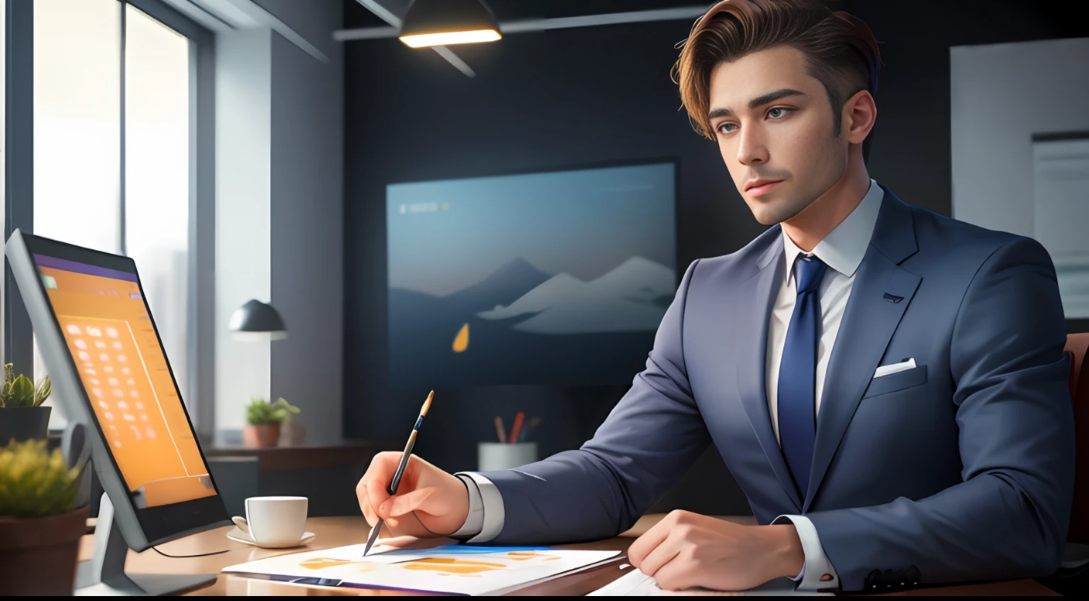 （digital paintting），（optimal quality），Men，Business suit，tiese，office room，workplace，8K hyper-realism，Pastel color scheme，gentle illumination, Hora de Ouro, Peaceful atmosphere, Transverse