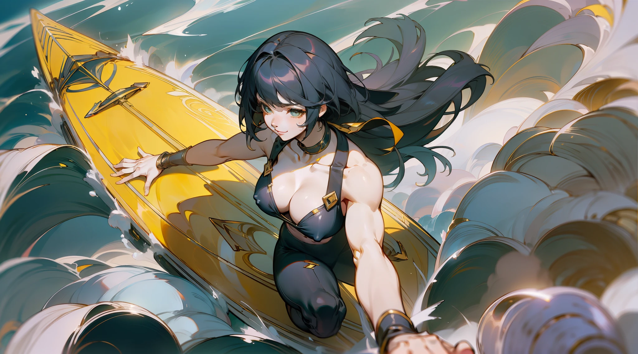 A woman,(Whole human body:1.2)swoop,Smile with,A soothing expression,pphotorealistic,(masterpaintings,top Quority,optimal quality,offcial art),Heavily detailed,Colorful,Most detailed,length hair,black color hair,seas,necklac,sandbeach,chest muscle,Abs,Surfing,Top view angle,D cups,anime girl in a yellow and black outfit riding a surfboard, senna from league of legends, expressing joy. by Krenz Cushart, Official artwork, trending on artstation pixiv, Artgerm and Atey Ghailan, by Yang J, by Krenz Cushart, official anime work, style of anime4 K, cushart kenz