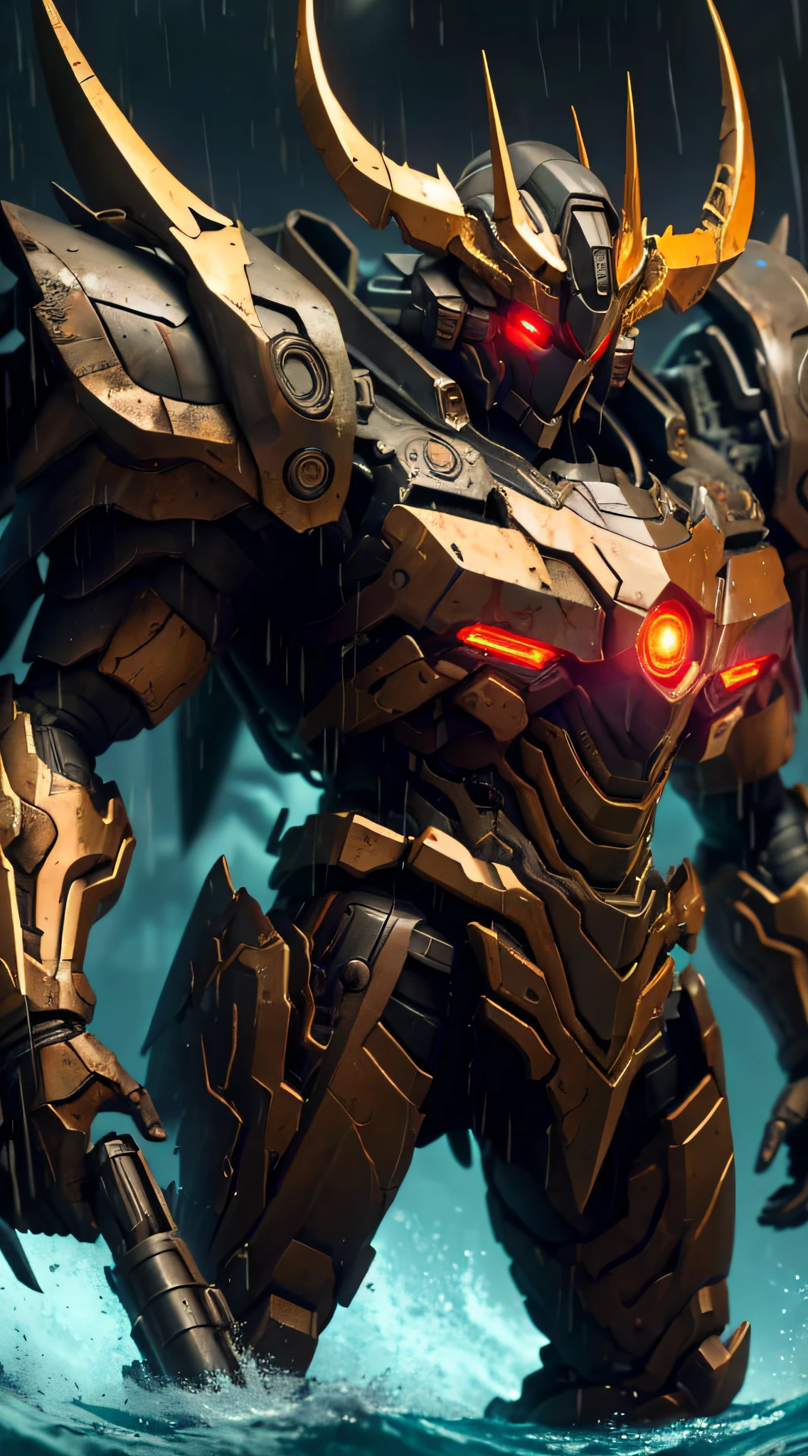 ((masterpaintings)), (((optimal quality))), ((Ultra-detailded)), ((illustration)), Machine armor,seas,((by night)),((escura)),dynamic angle,in red,Golden body,Red eyes,cow-boy shot,((独奏)), Machine armor, looking at the spectator,to stand, arma,v-fin,(from from side), Mechanical head, cannon,glowing with, Spikes, ,pphotorealistic,rim-light, (Moody's Lighting:1.2), ((Volumetriclighting:1.2)), In the dark rain,((strong illumination:1.4)), gloweyes, ((Standing on the sea:1.2)), ((rains)),((Broken)),Rusty,Horror style