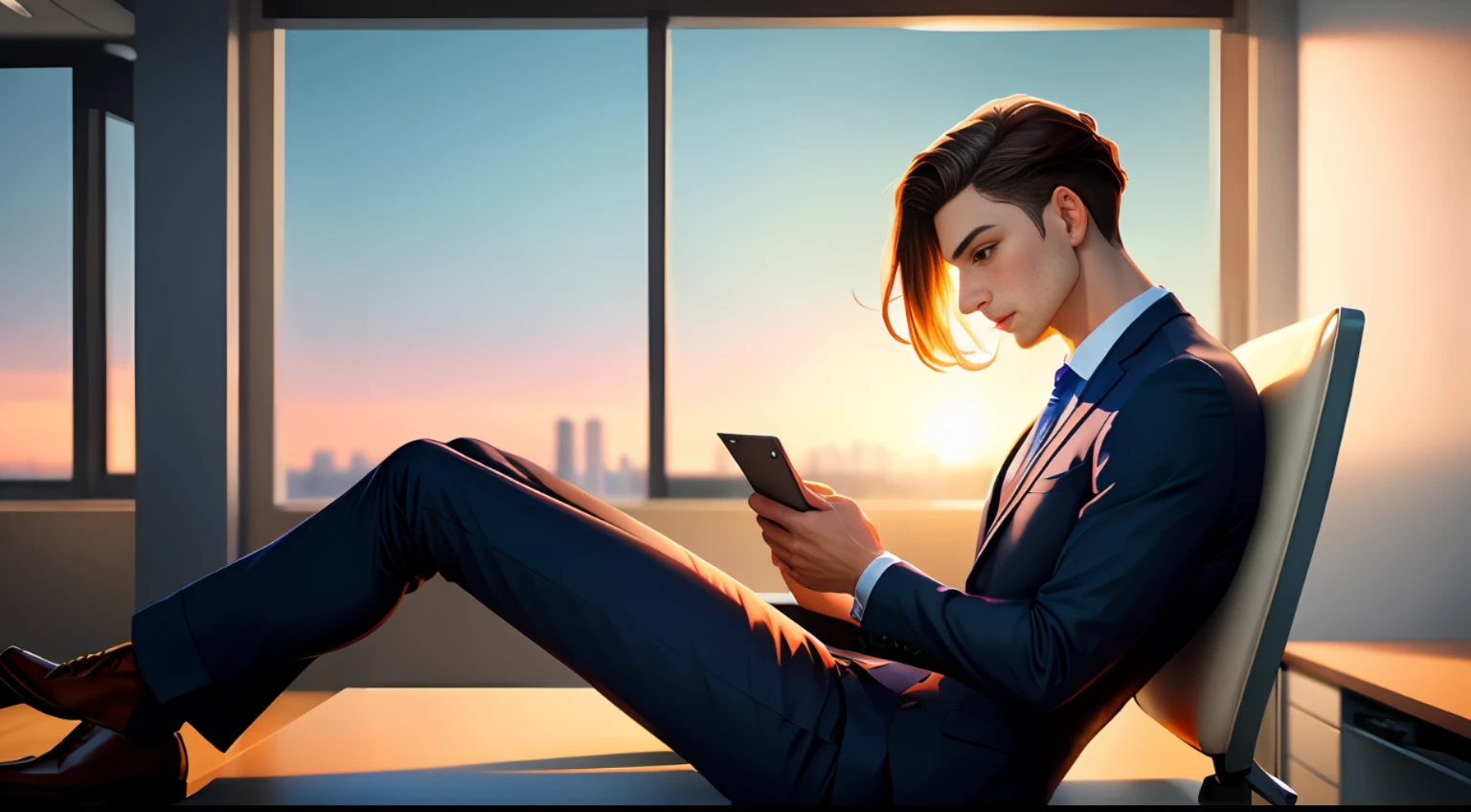（digital paintting），（optimal quality），Men，Business suit，tiese，office room，workplace，8K hyper-realism，Pastel color scheme，gentle illumination, Hora de Ouro, Peaceful atmosphere, Transverse