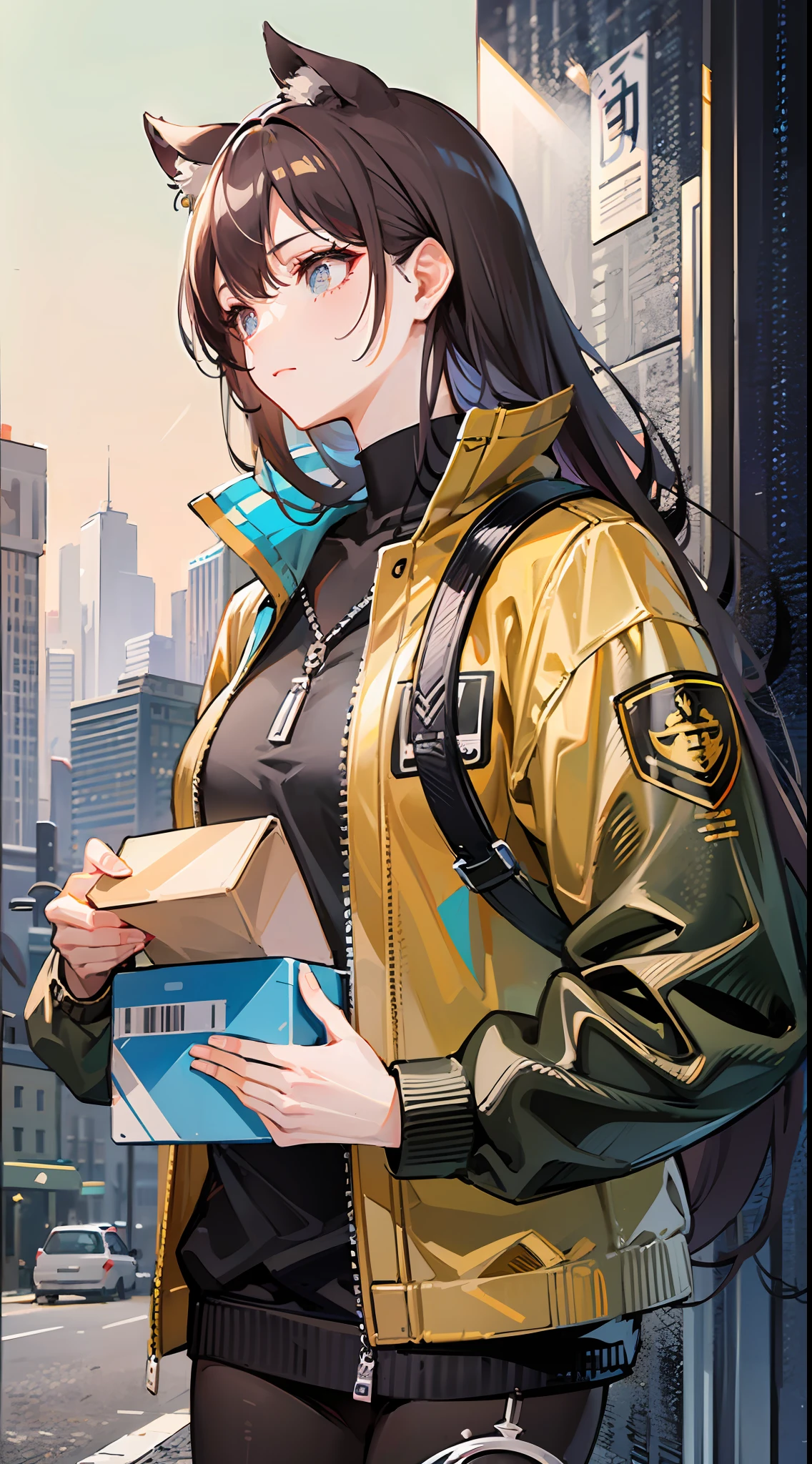 ((High image quality, The picture is clear)),About 1:1 scale,Vertical composition。Female subject,Courier clothing,Courier packages,(relaxed,confiante)Expressions and gestures。Surrounded by an urban backdrop, Don't go into too much detail。