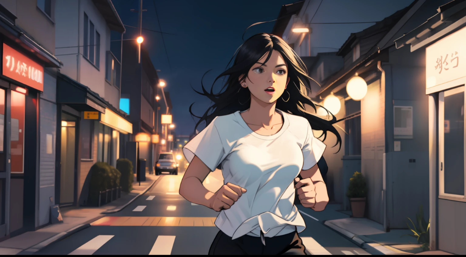 Late at night, A woman with long black hair, white t shirt,About 30 years old,Run to the bus stop in the distance