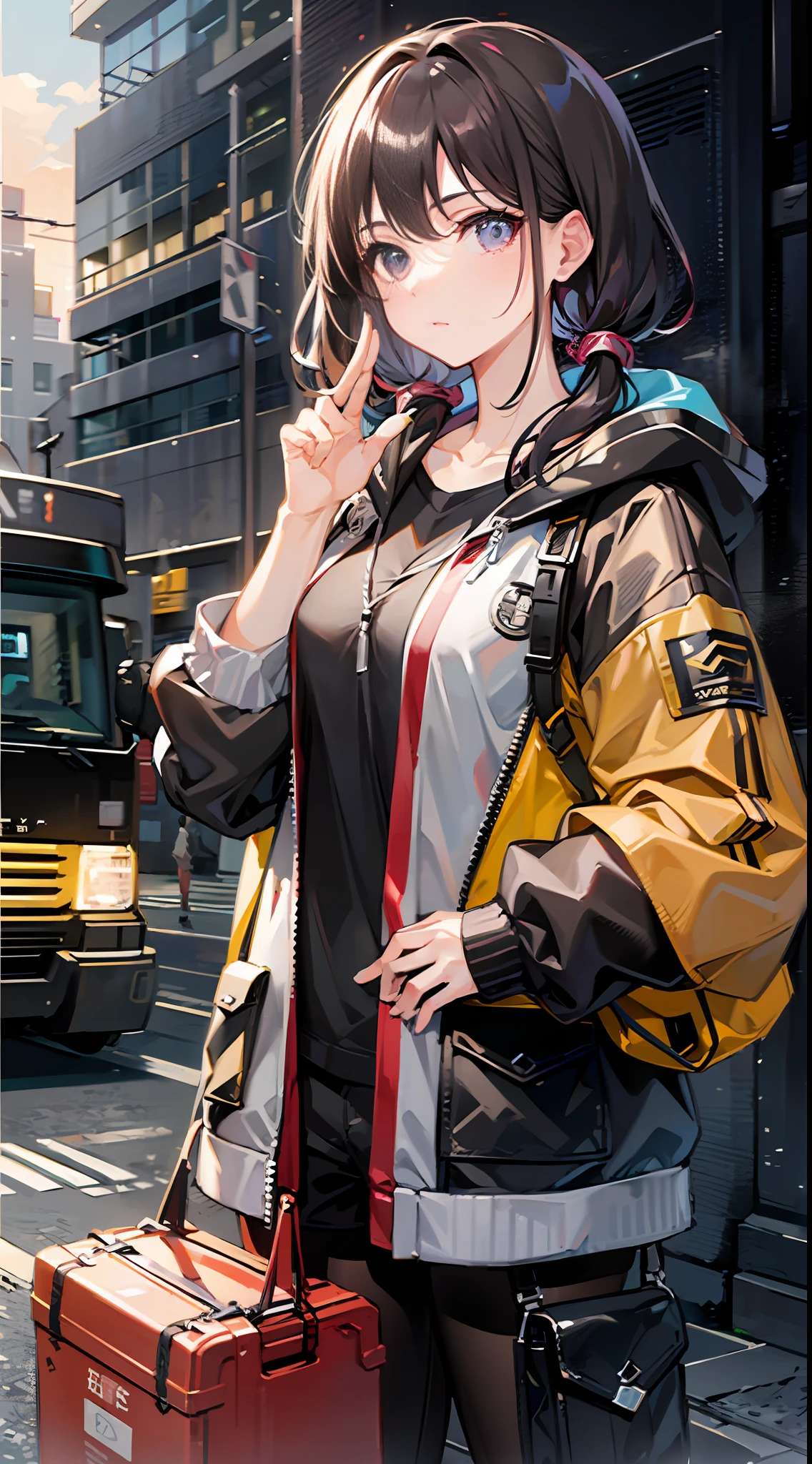 ((High image quality, The picture is clear)),About 1:1 scale,Vertical composition。Female subject，Courier clothing,Courier packages,(relaxed,confiante)Expressions and gestures。Surrounded by an urban backdrop, Don't go into too much detail。